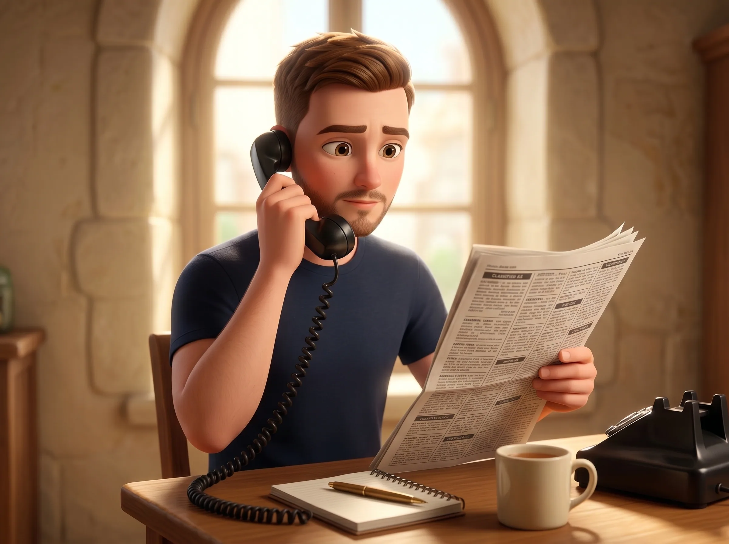 Vadim at a small sunlit wooden desk, holding a vintage telephone receiver and reading a paper newspaper open at the classifieds