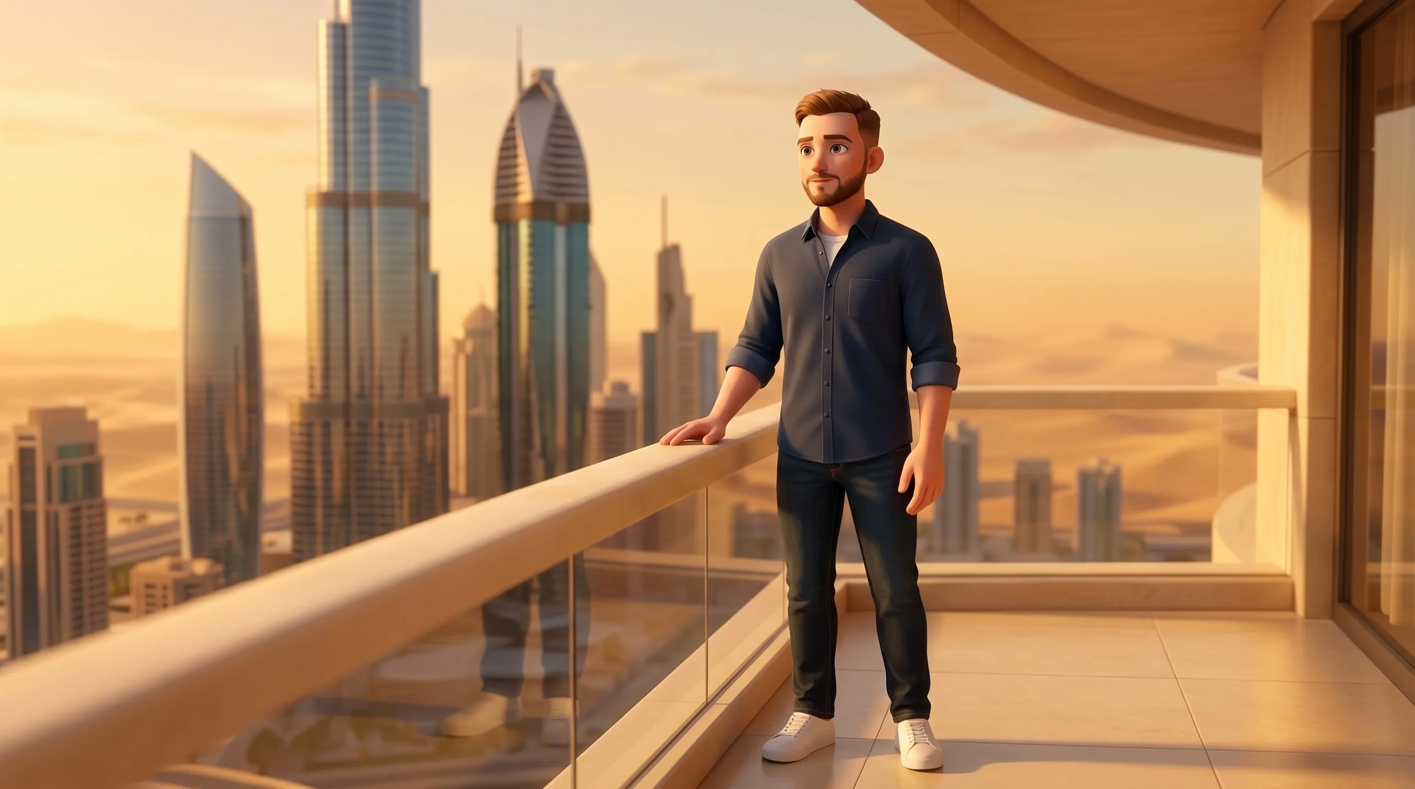 Vadim on a sunlit modern terrace overlooking a warm Dubai skyline at golden hour