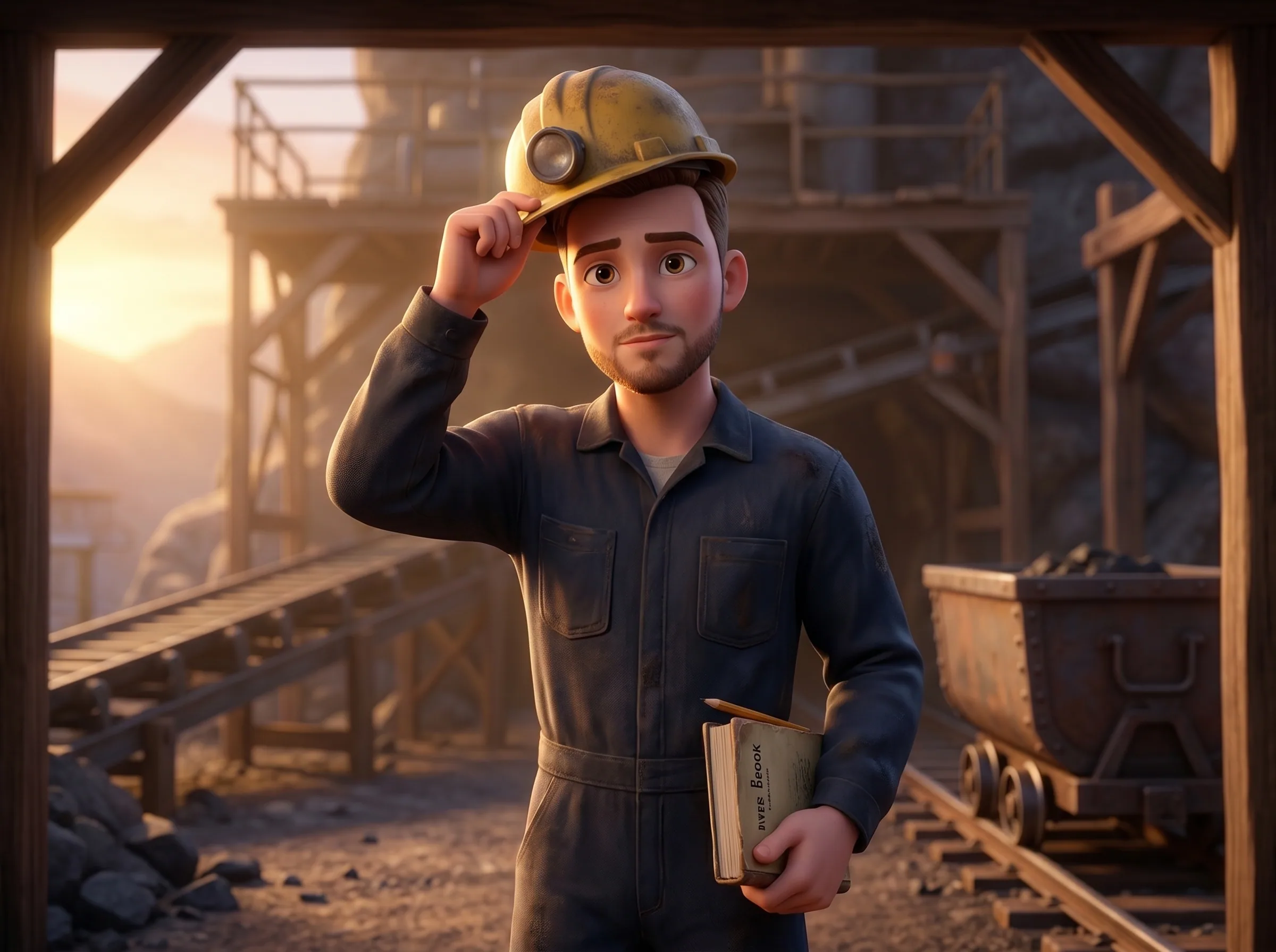 Vadim at a coal-mine entrance in work clothes, lifting his miner's helmet, holding a worn paperback book under one arm
