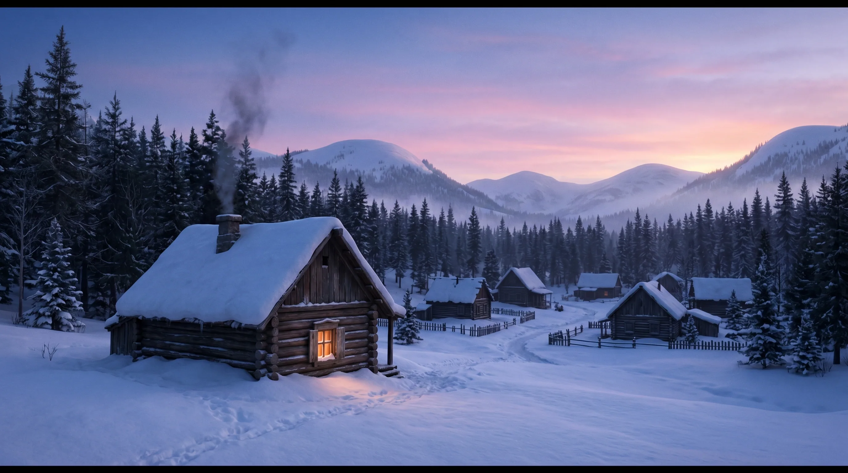 A small Siberian wooden village at pre-dawn winter, with a single warm-lit window