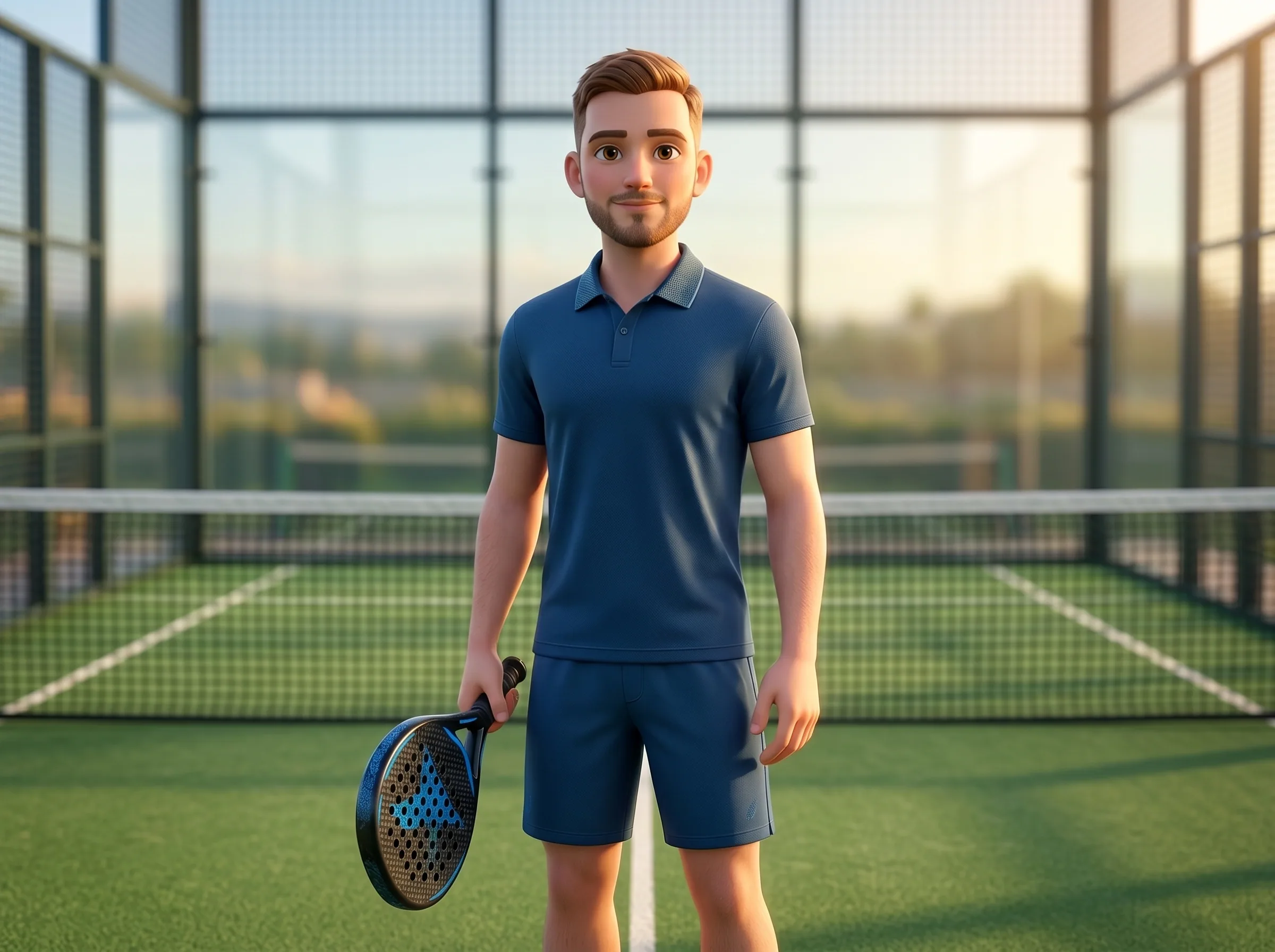 Vadim on a padel court between points, holding a padel paddle