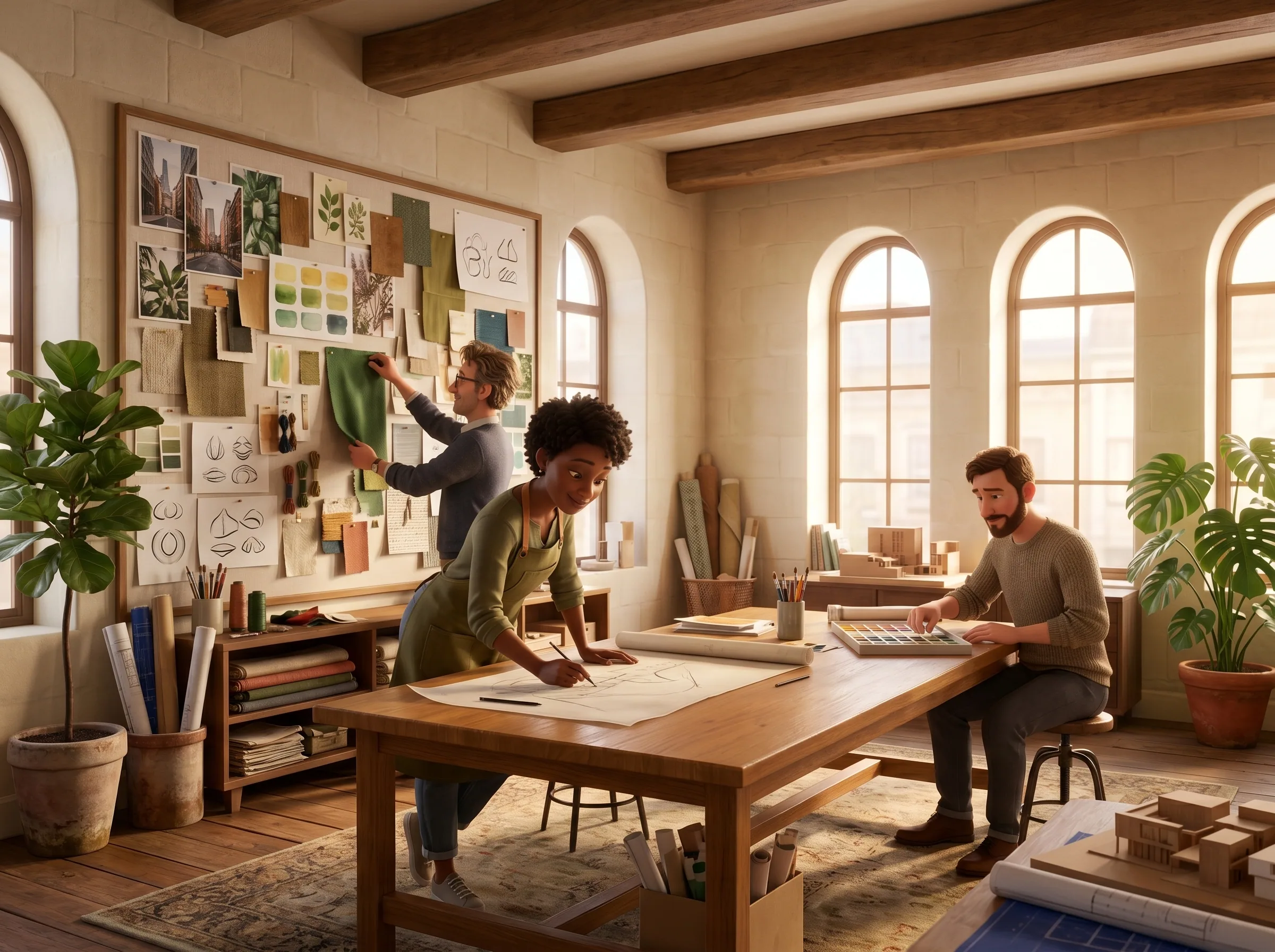 Inside Ada's bright design studio with mood boards and a long oak worktable