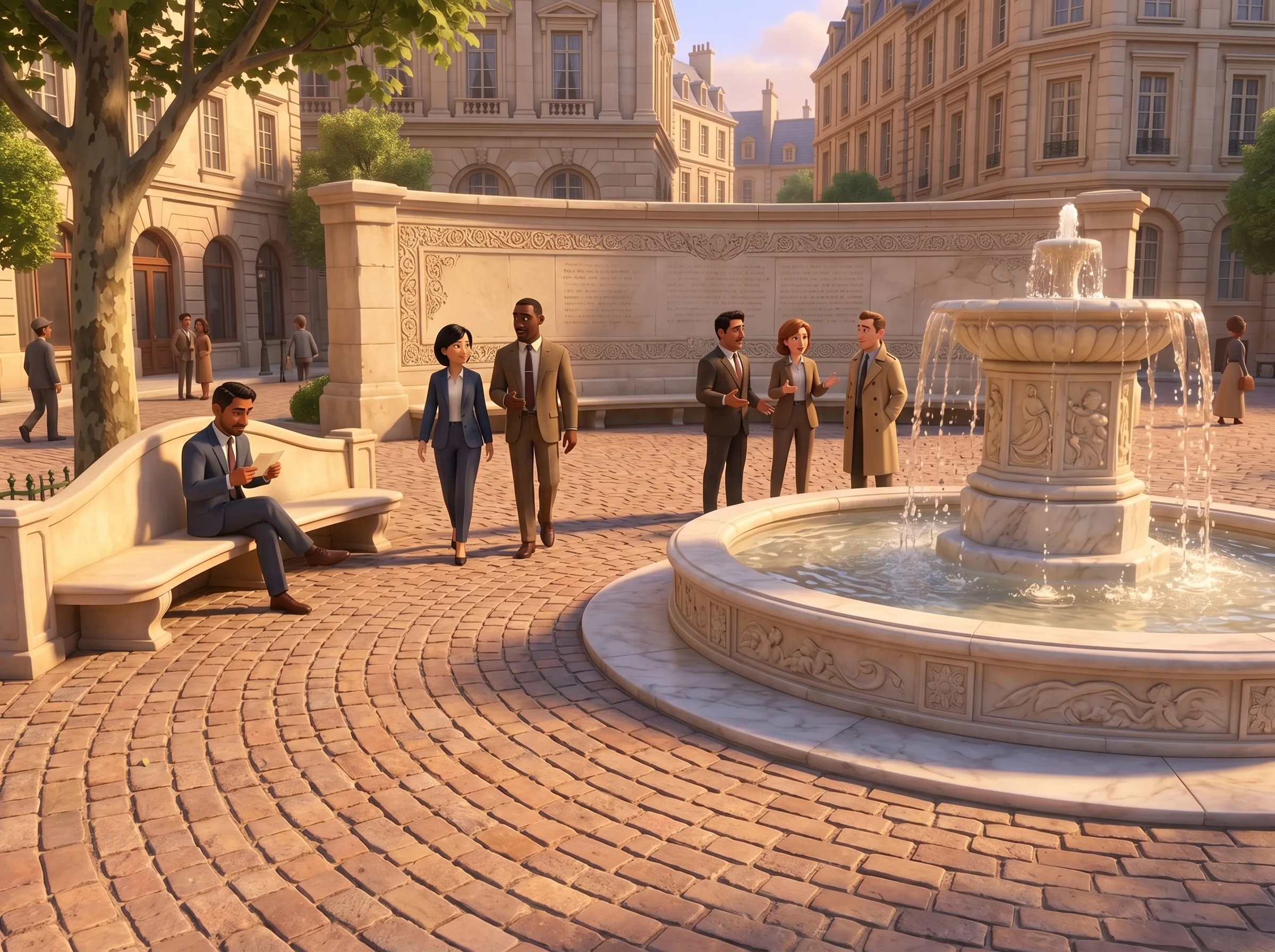 A close-up of the cream-stone fountain at the heart of Civic Square