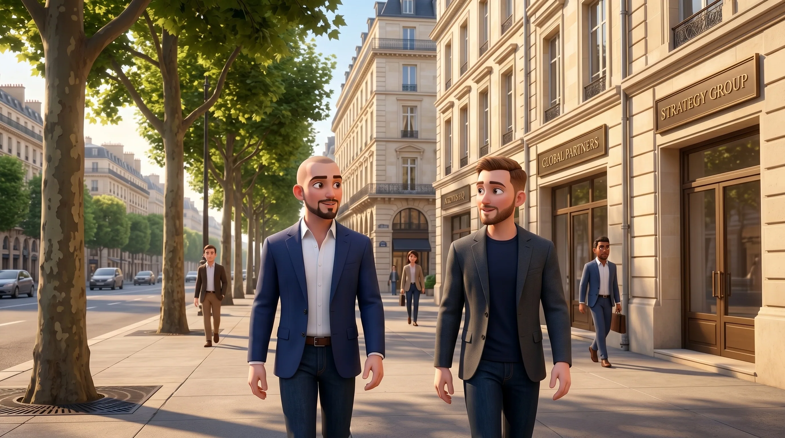 Egor and Vadim walking the sunlit cream-stone corporate boulevard of Agents City