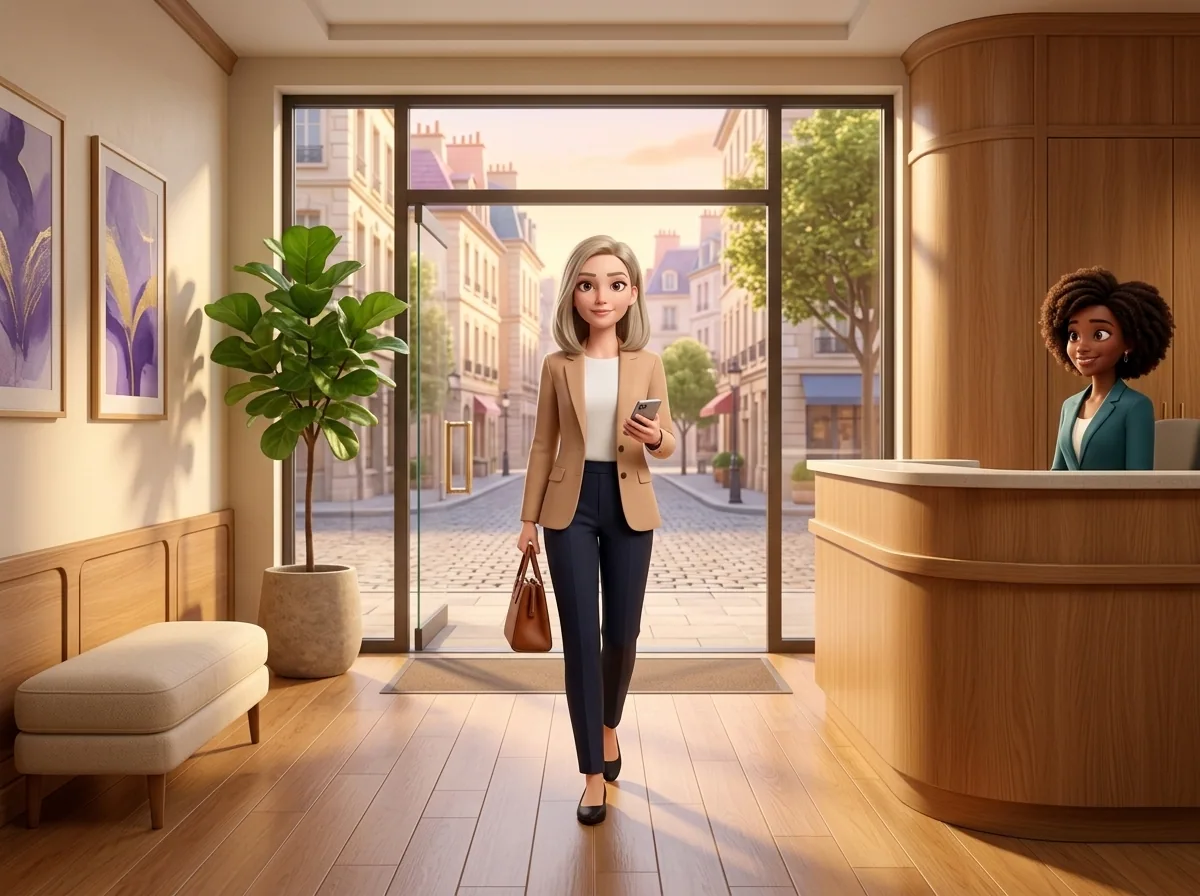 Anya walking into North & Park HQ lobby at morning