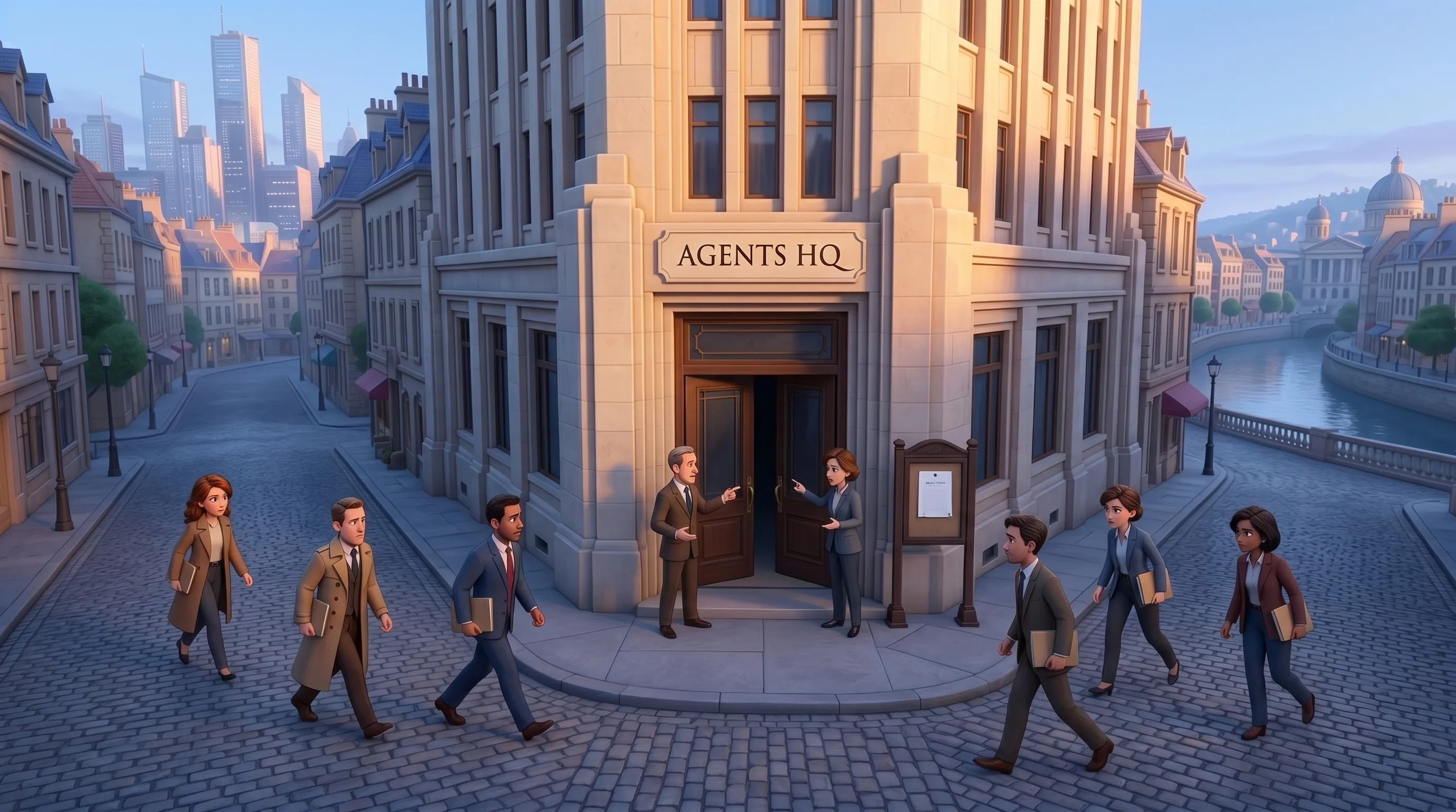 Pre-dawn convergence of agents on the entrance of a Pixar city office building on a bad morning