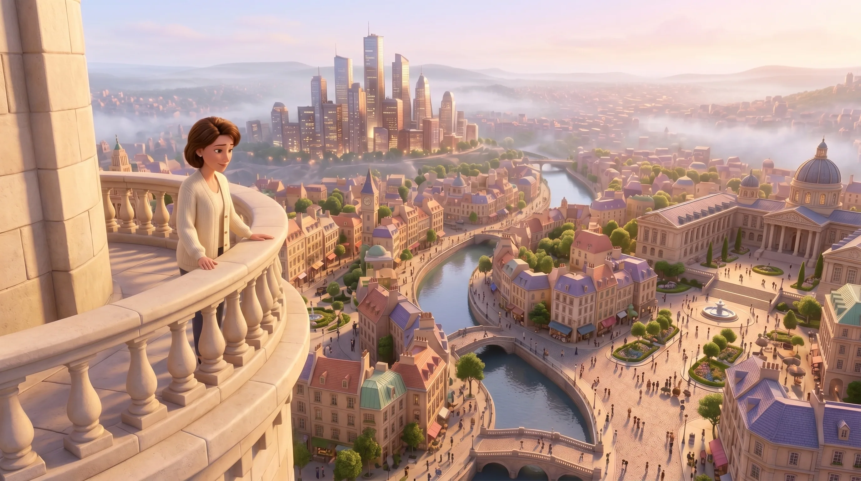 A business owner standing on a high stone observatory balcony, looking down at her tiny city of agents