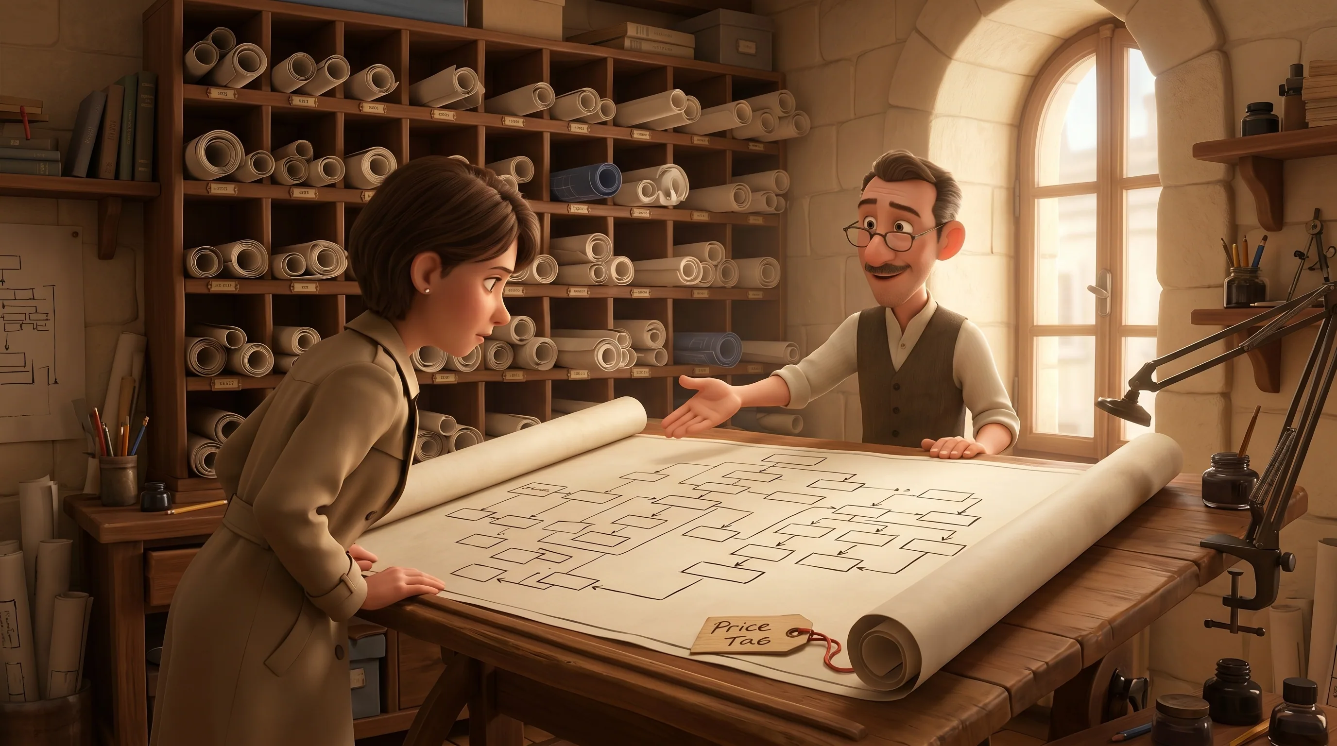 Two agents at a wooden drafting table examining a large unrolled paper blueprint of a connected flow diagram, with rolled scrolls in pigeonhole shelves behind them