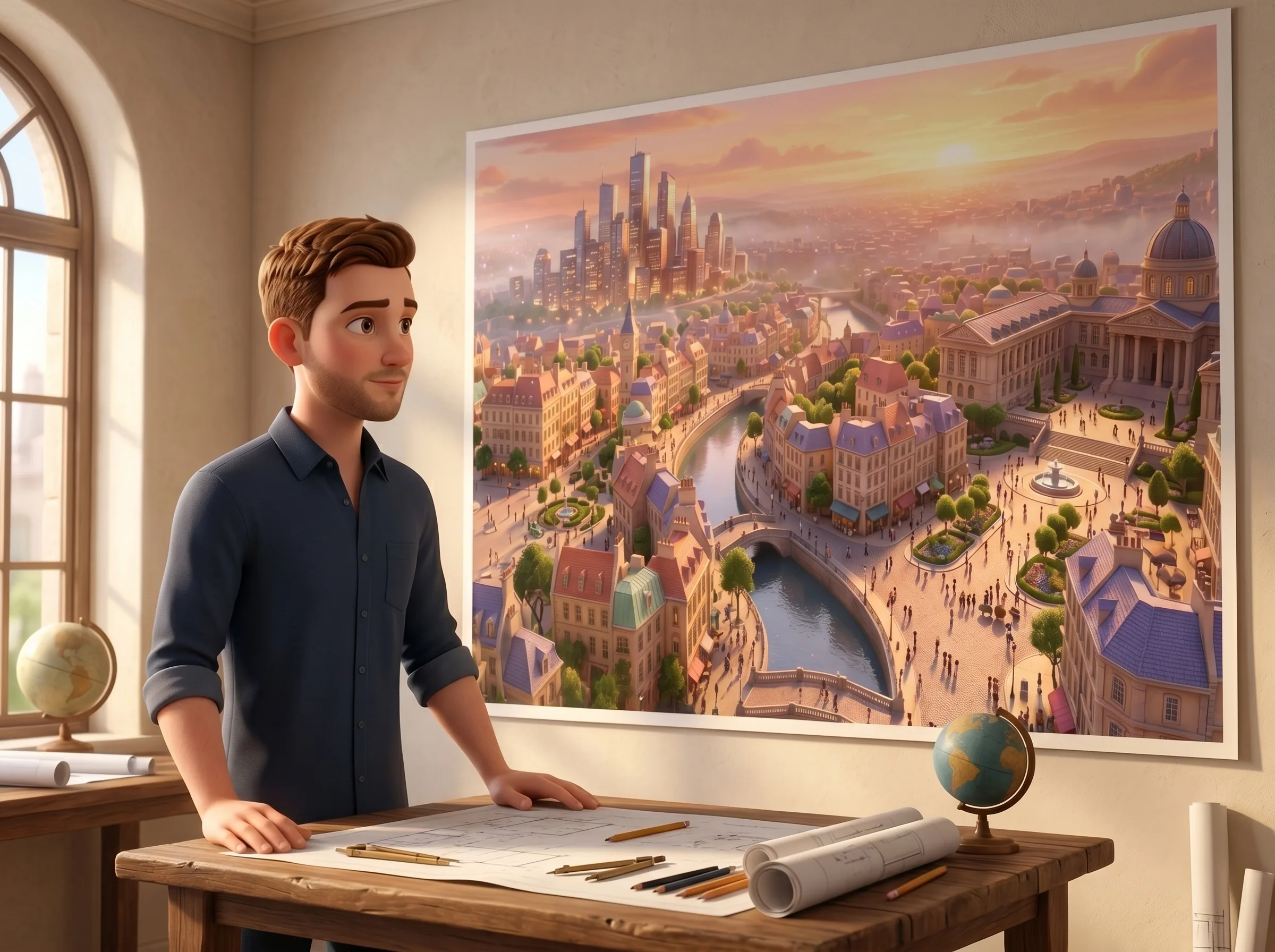 Vadim standing in his studio in front of a printed map of Agents City