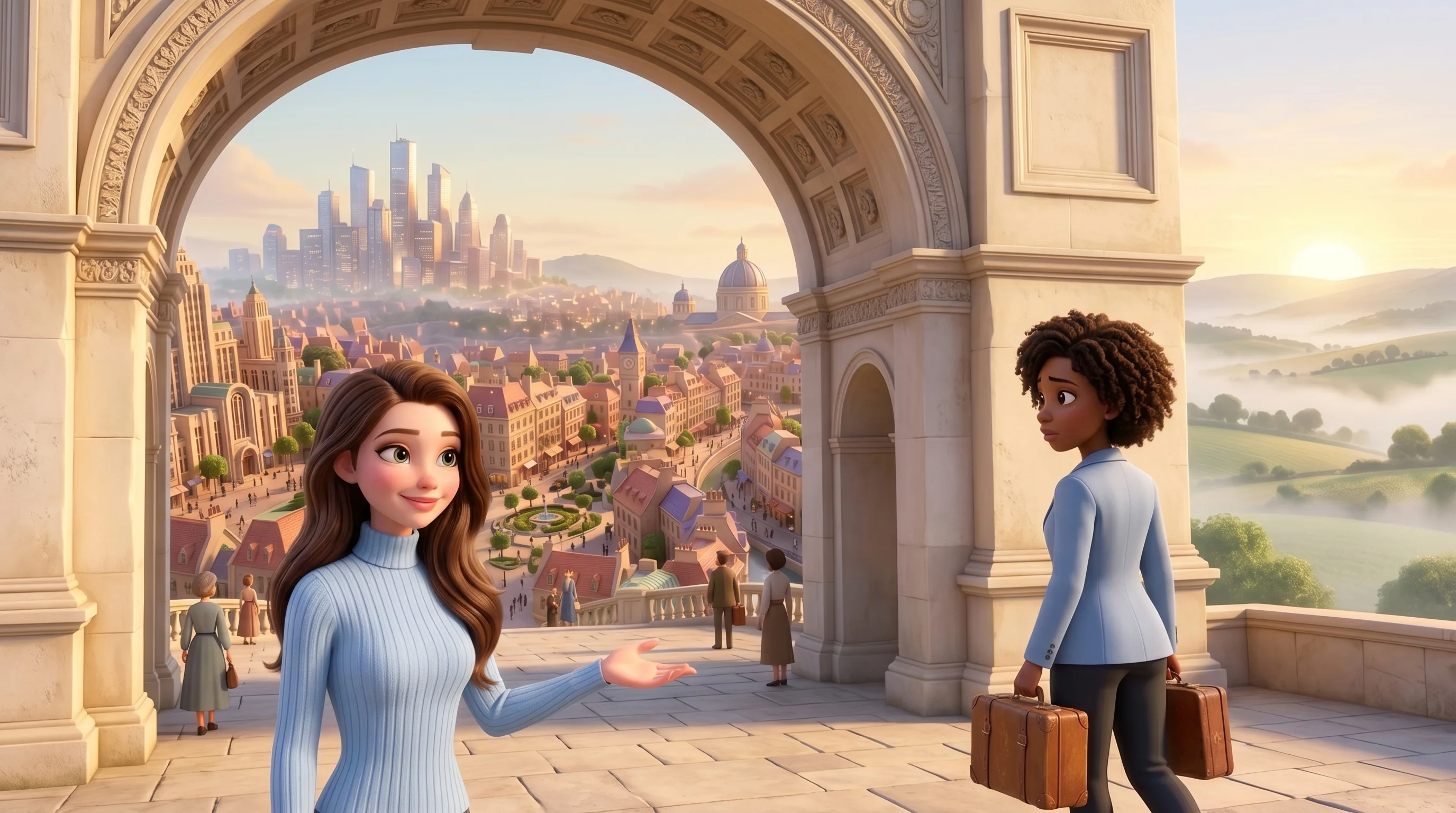 Mari welcoming an agent from another platform through a cream-stone gateway