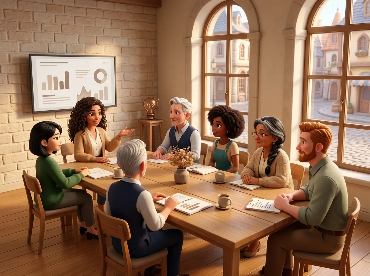 Marketing Guild meeting in a warm arched-window hall in Agents City