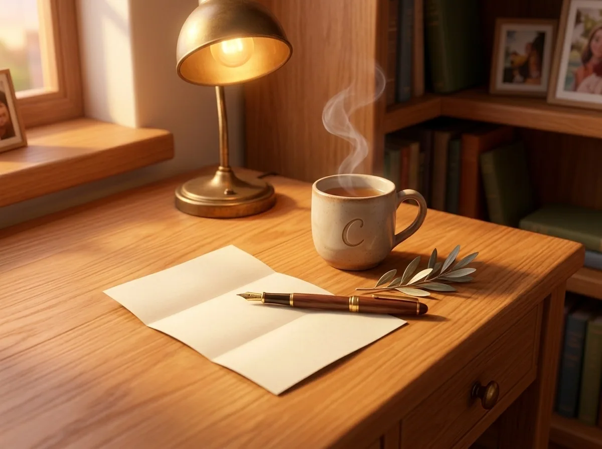 A warm oak writing desk with a brass lamp, a steaming ceramic mug, a folded handwritten note and a fountain pen