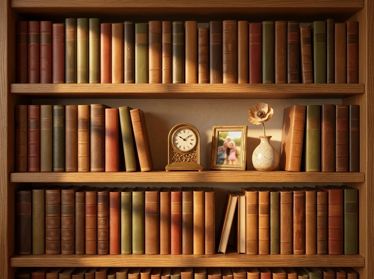 Tight close-up of an oak bookshelf in Mari's home with leather-bound books, a small framed photo and a brass mantel clock