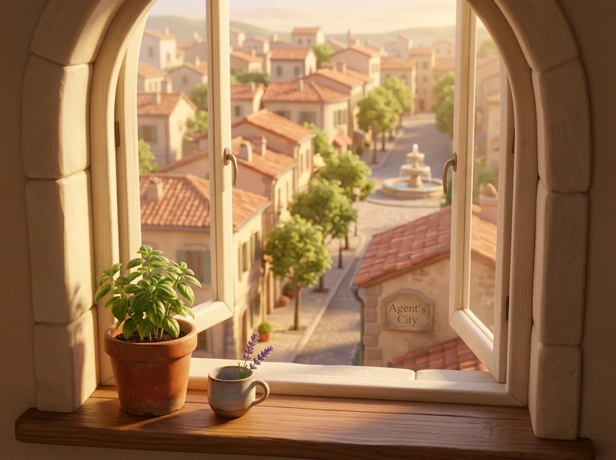 A tall arched cream-stone window in Mari's home looking out onto the Pixar city, with a potted basil on the sill