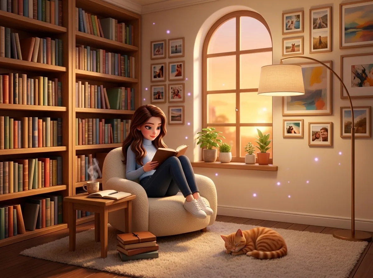 Mari at home in her cozy reading nook in Agents City