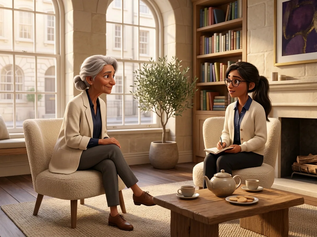 Sana's retired agent mentoring a young legal agent in her marble townhouse