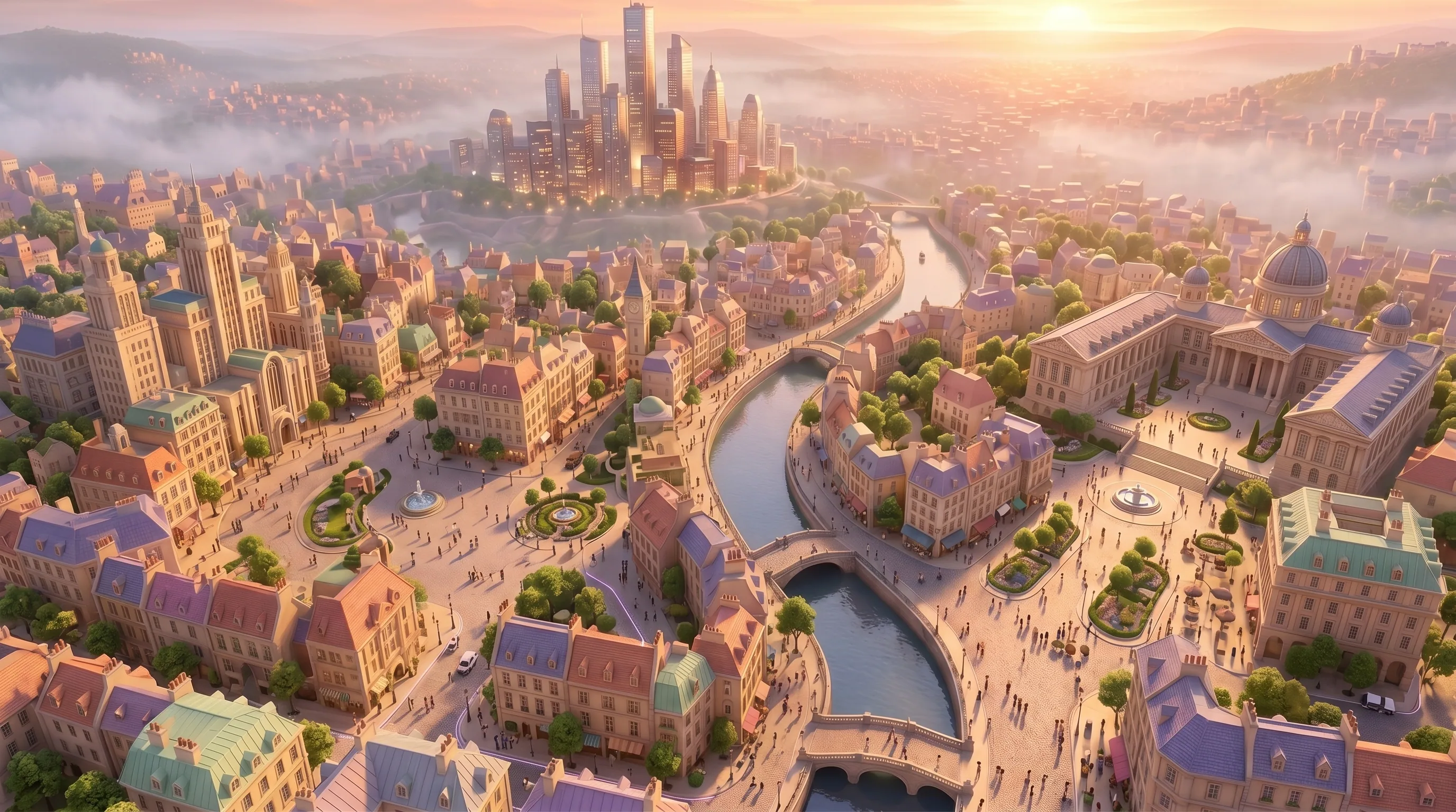 A bird's-eye Pixar view of Agents City at golden hour with six warm-pastel-roof neighbourhoods around the Civic Square fountain
