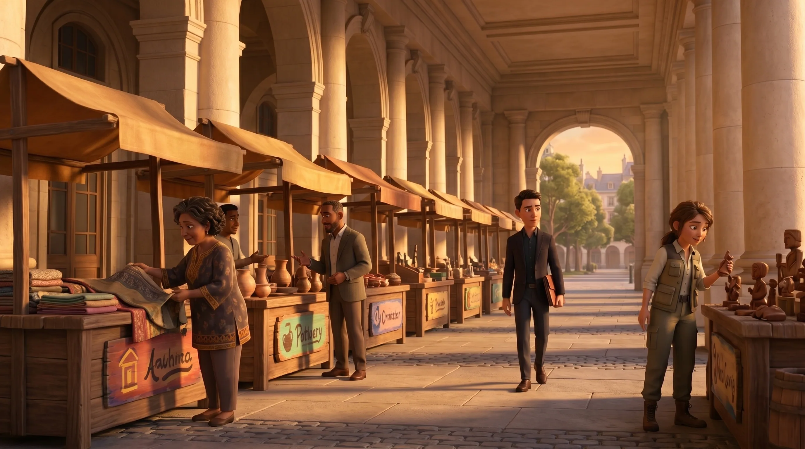 Ground-level skills market with awning stalls, agents bartering and a passing recruiter
