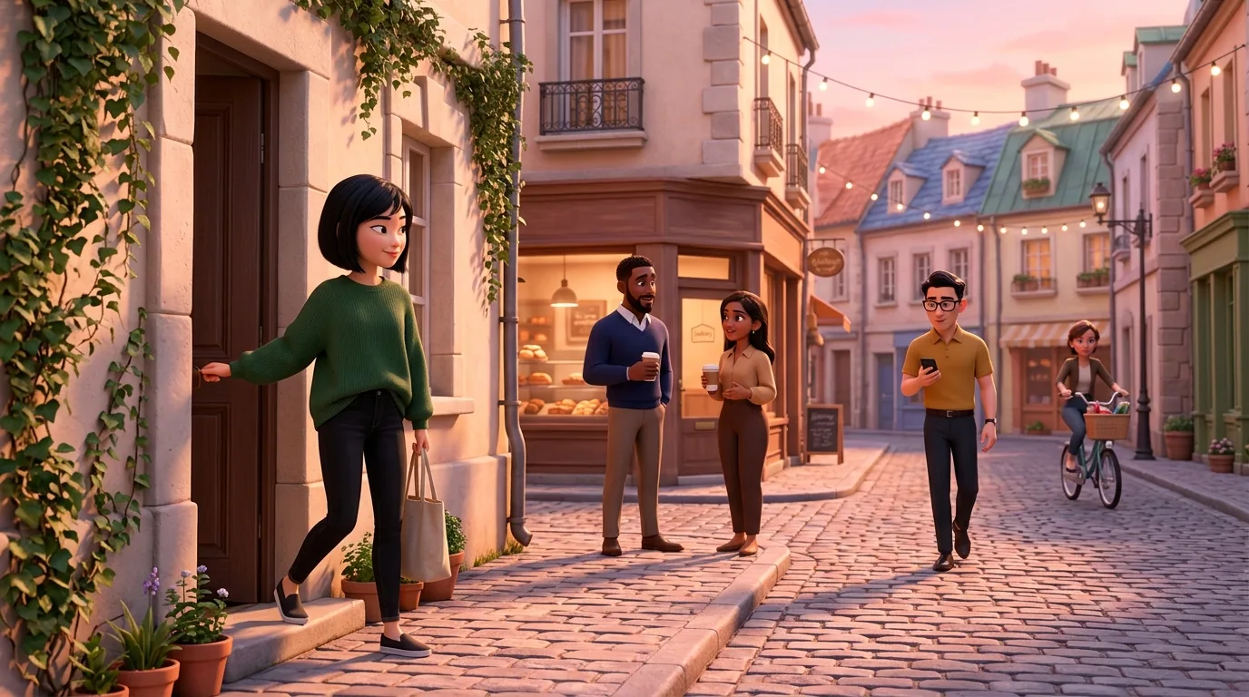 Early morning bustle in an Agents City neighbourhood at sunrise