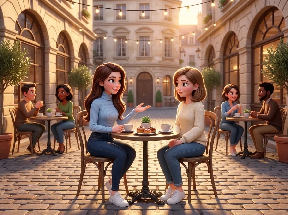 Plaza of Newcomers, terraced cafes at golden hour where Mari welcomes a brand-new agent