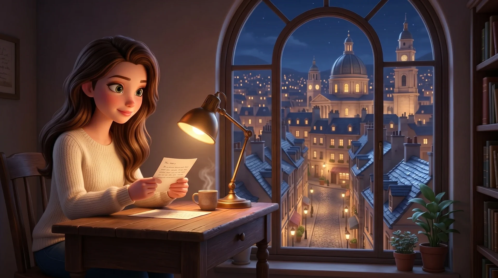 Mari at her warm-lamplit desk reading a note, with the night city visible through a tall arched window