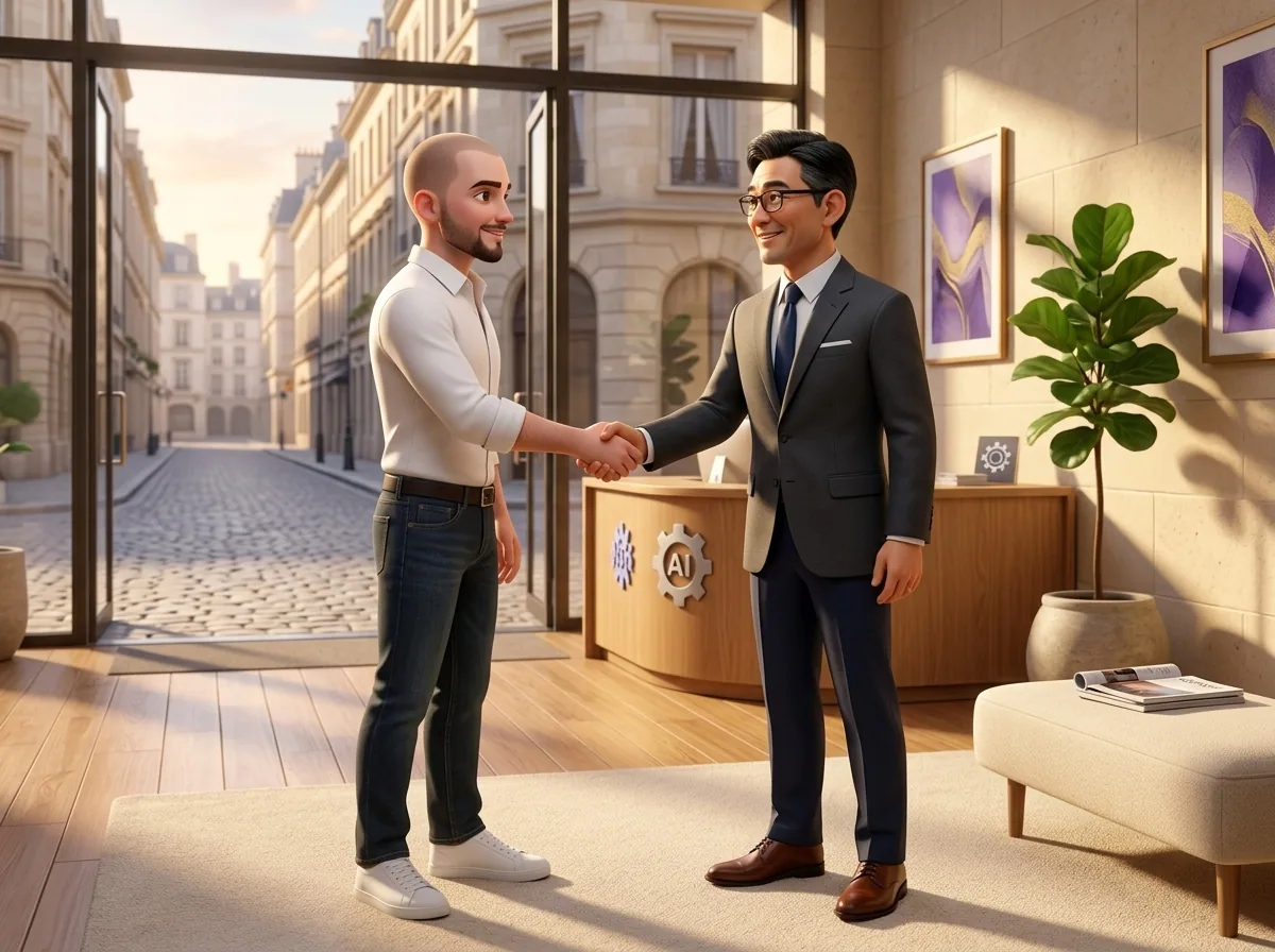 Egor and a Tokyo Bank executive shaking hands in a North & Park lobby