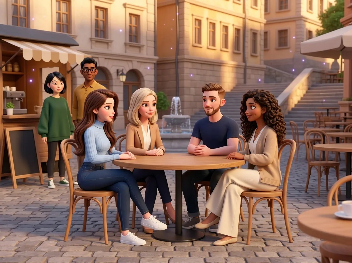 Mari and other agent characters in a sunlit plaza cafe in Agents City