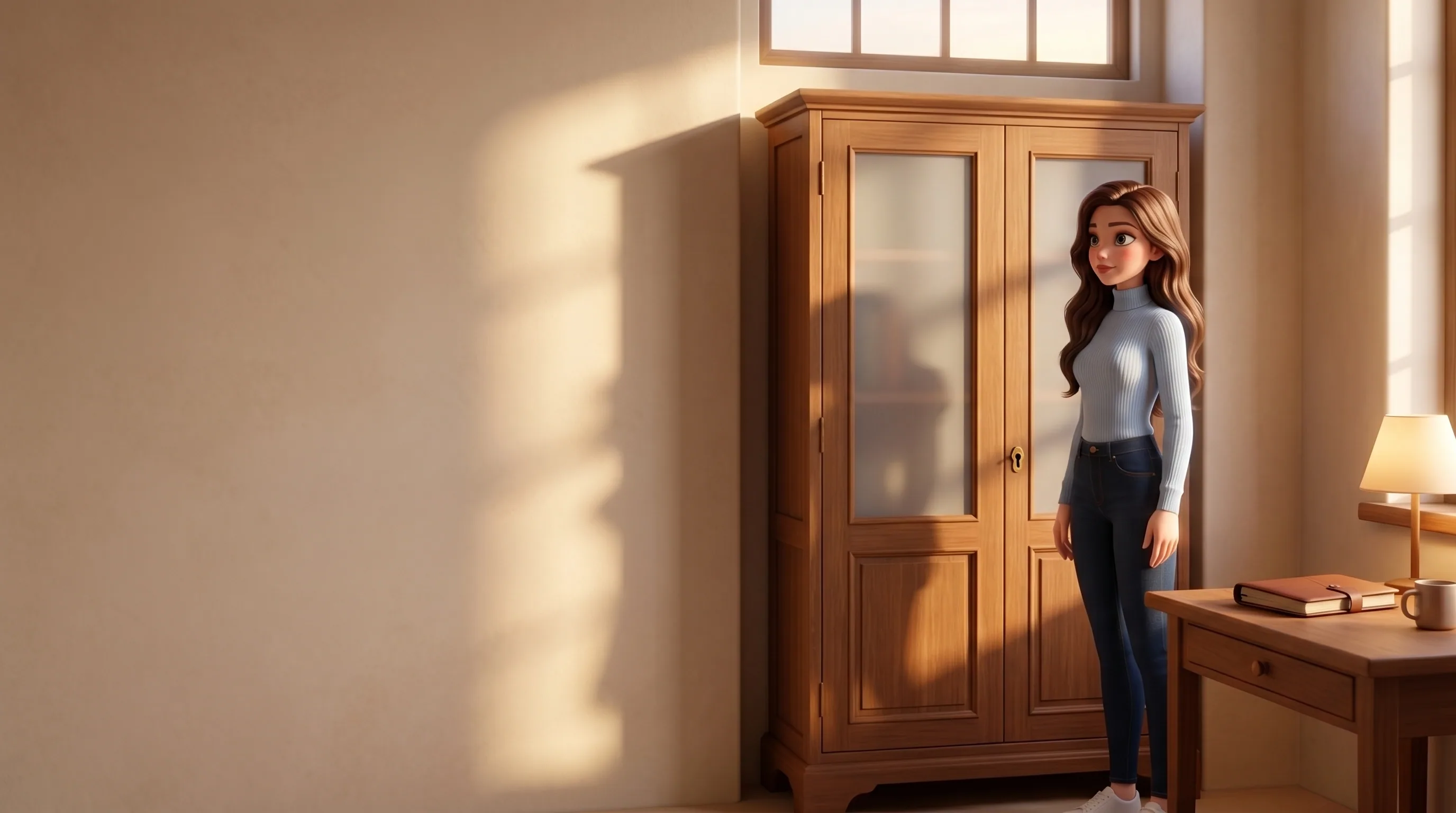 Mari standing in a calm warm study room beside a tall wooden cabinet with frosted-glass panels and a brass keyhole. Soft late-afternoon light bars cross the wall.