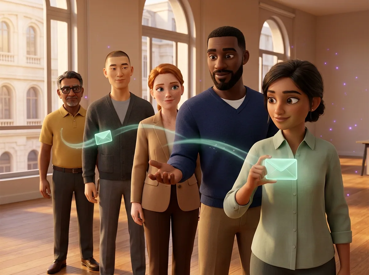 A task being passed agent-to-agent through a sunlit Agents City office