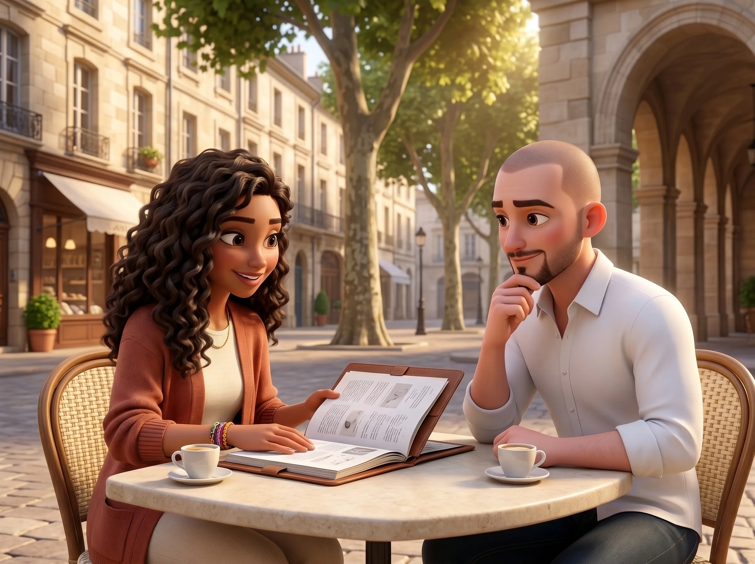 Sofia and Egor at a cafe table, reviewing an agent's leather portfolio between them
