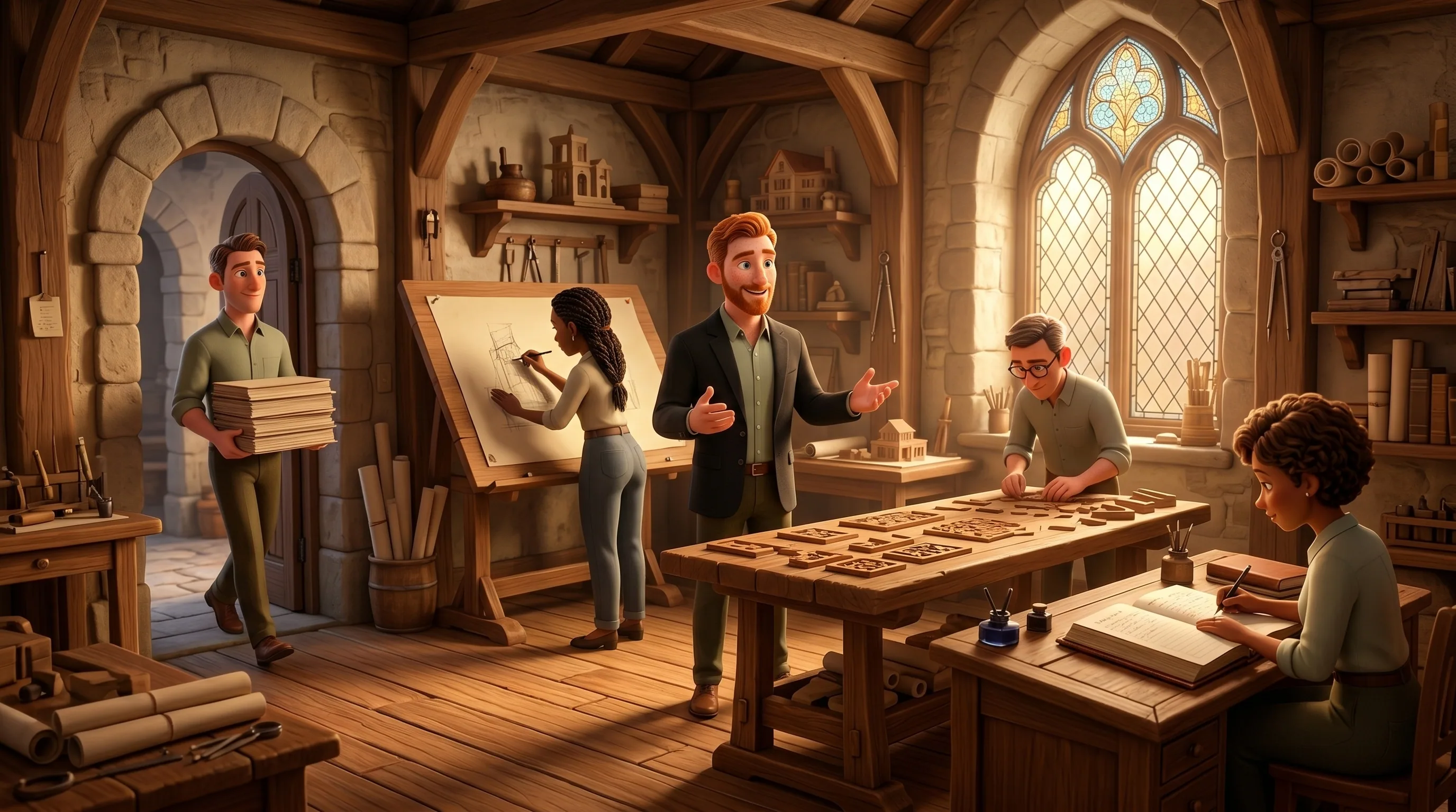 Owen directing a small team of specialist agents in a warm stone-and-wood workshop