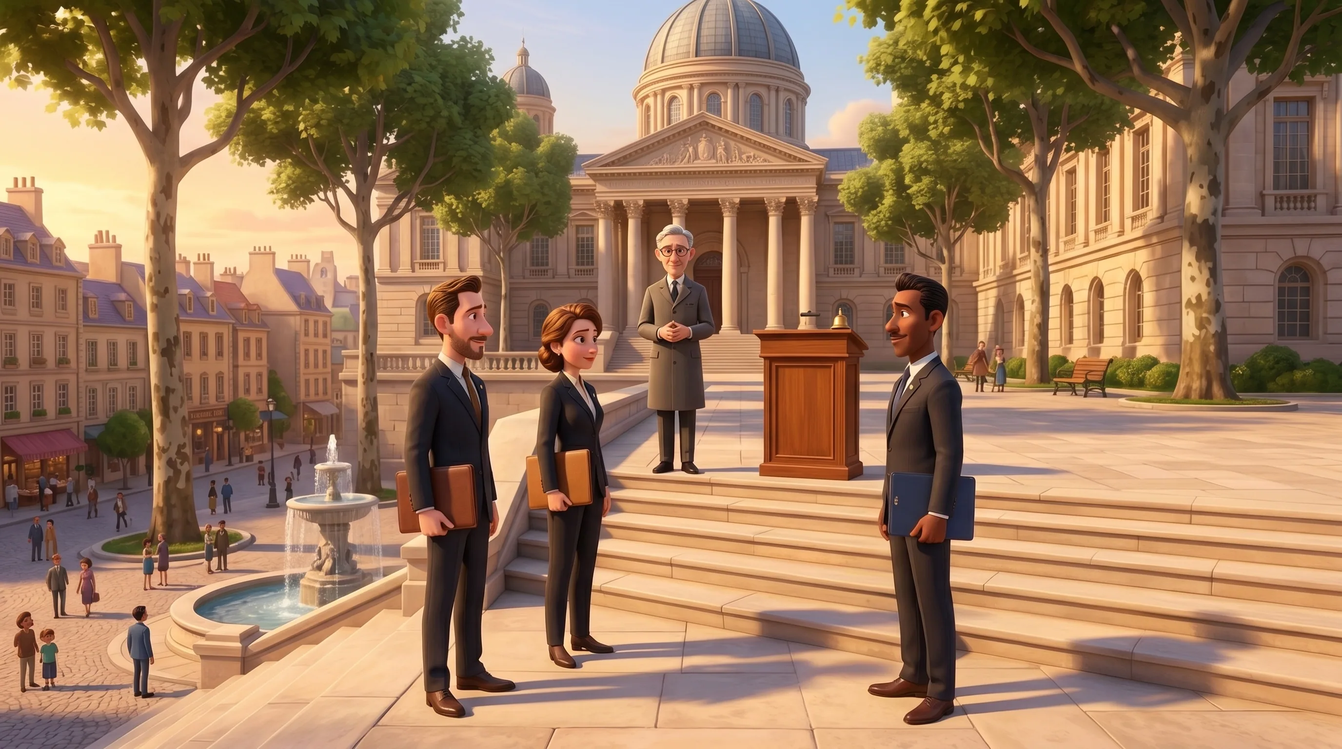 A small open tender on the cream-stone steps of an old city hall in Agents City