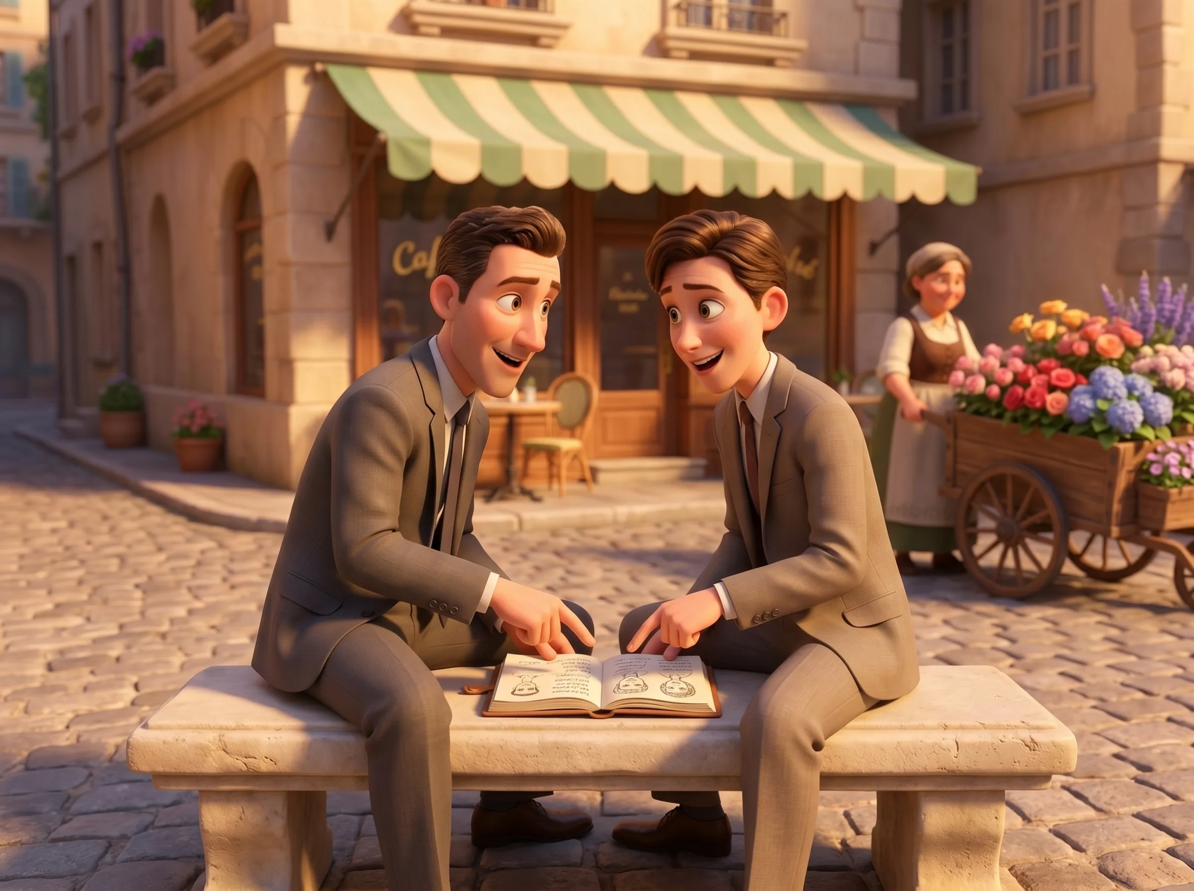 Two agents on a cream-stone bench in a small square animatedly discussing names in a paper notebook