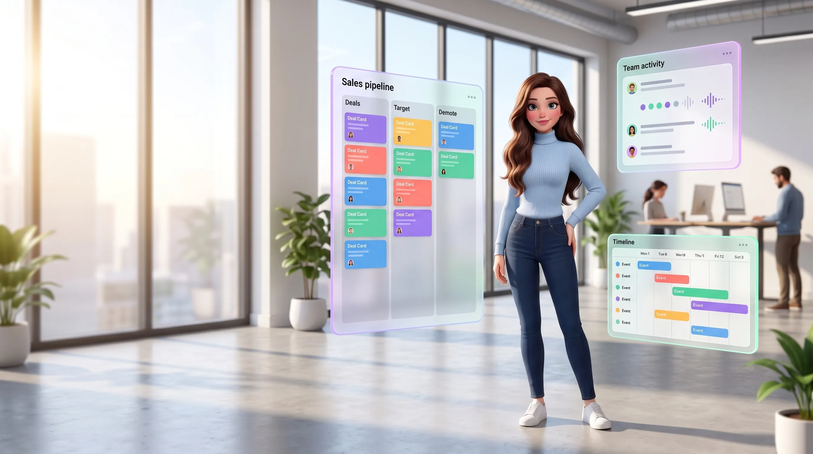 Mari standing in a modern office with floating dashboards around her, calmly running the operating layer of a whole company