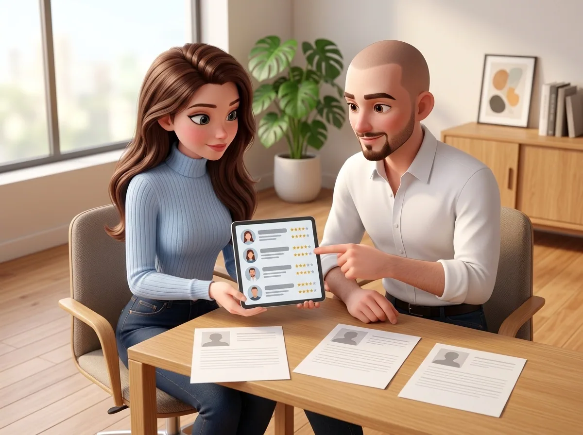 Mari at her desk with a small stack of CVs and a tablet showing a ranked candidate shortlist