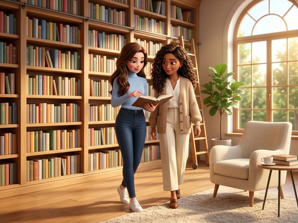 Mari in a sunlit modern library reading from a book in front of tall oak bookshelves