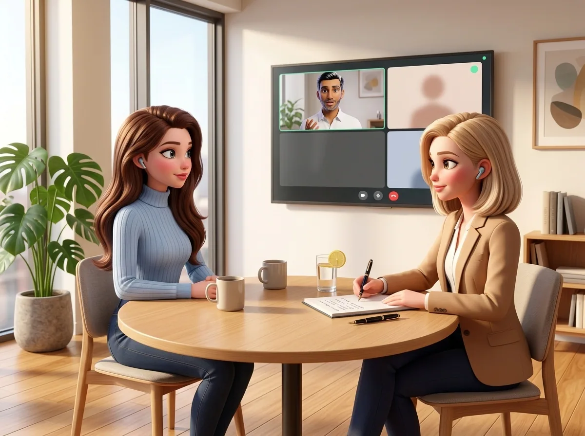 Mari at her desk on a four-person video call with a glass notes-panel capturing action items in real time