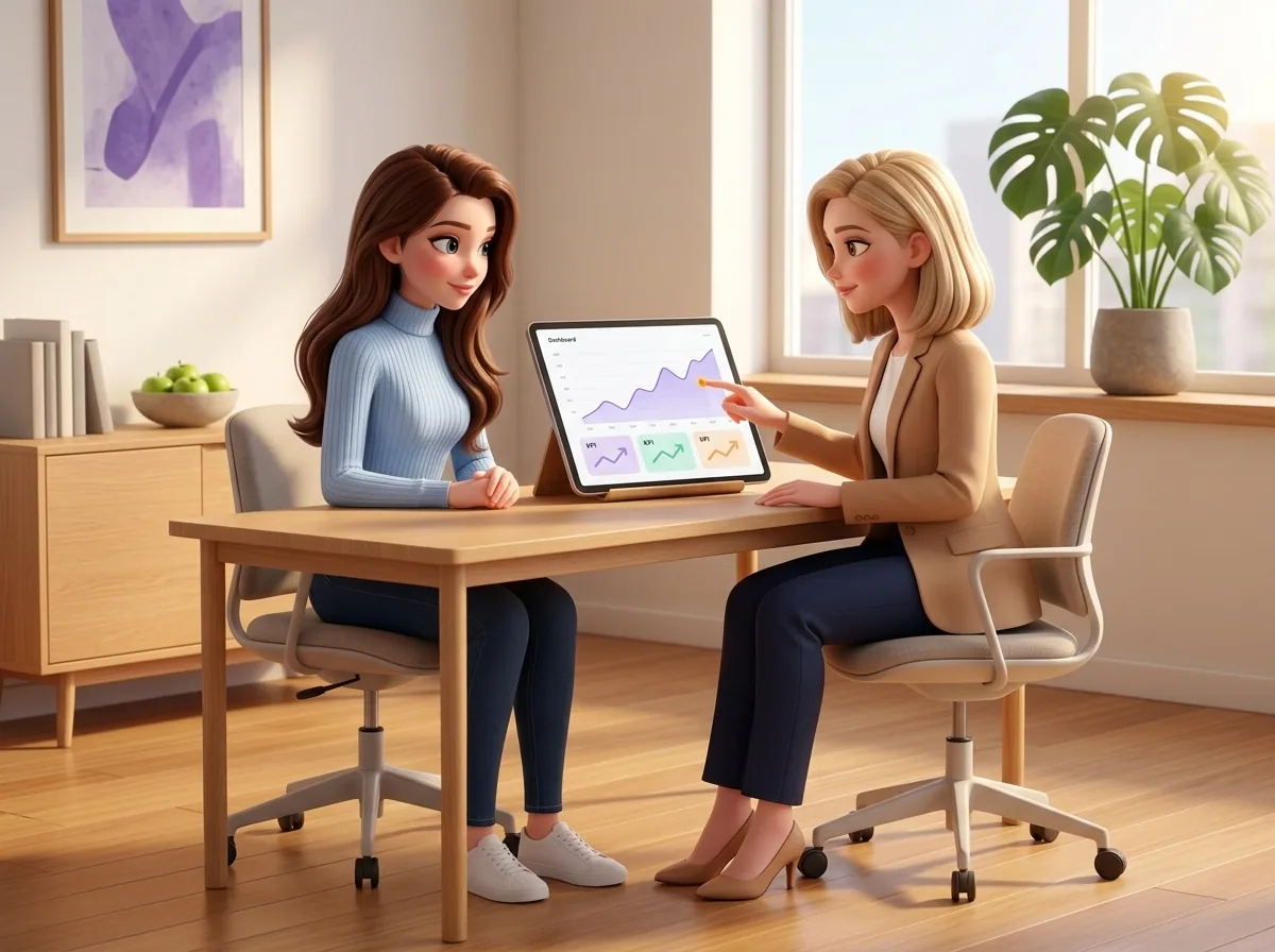Mari at her desk reviewing a clean analytics dashboard with charts and an anomaly highlight
