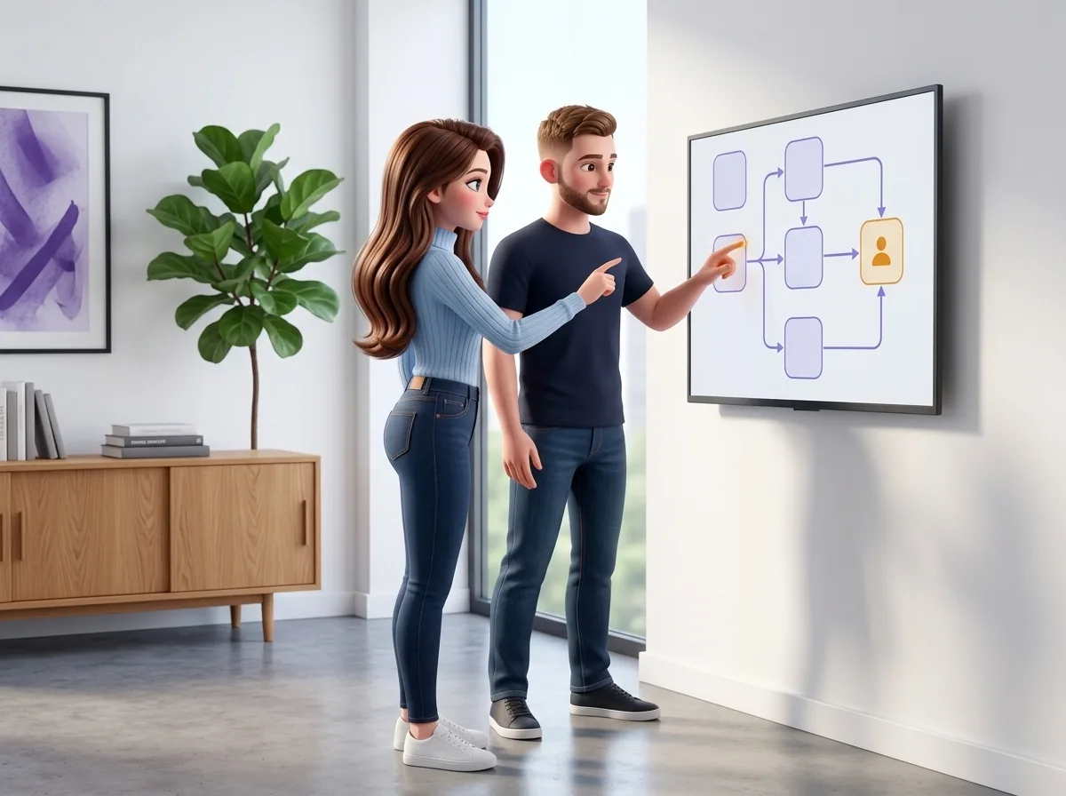 Mari beside a glass panel showing a six-node workflow with a branching path and a human-approval indicator