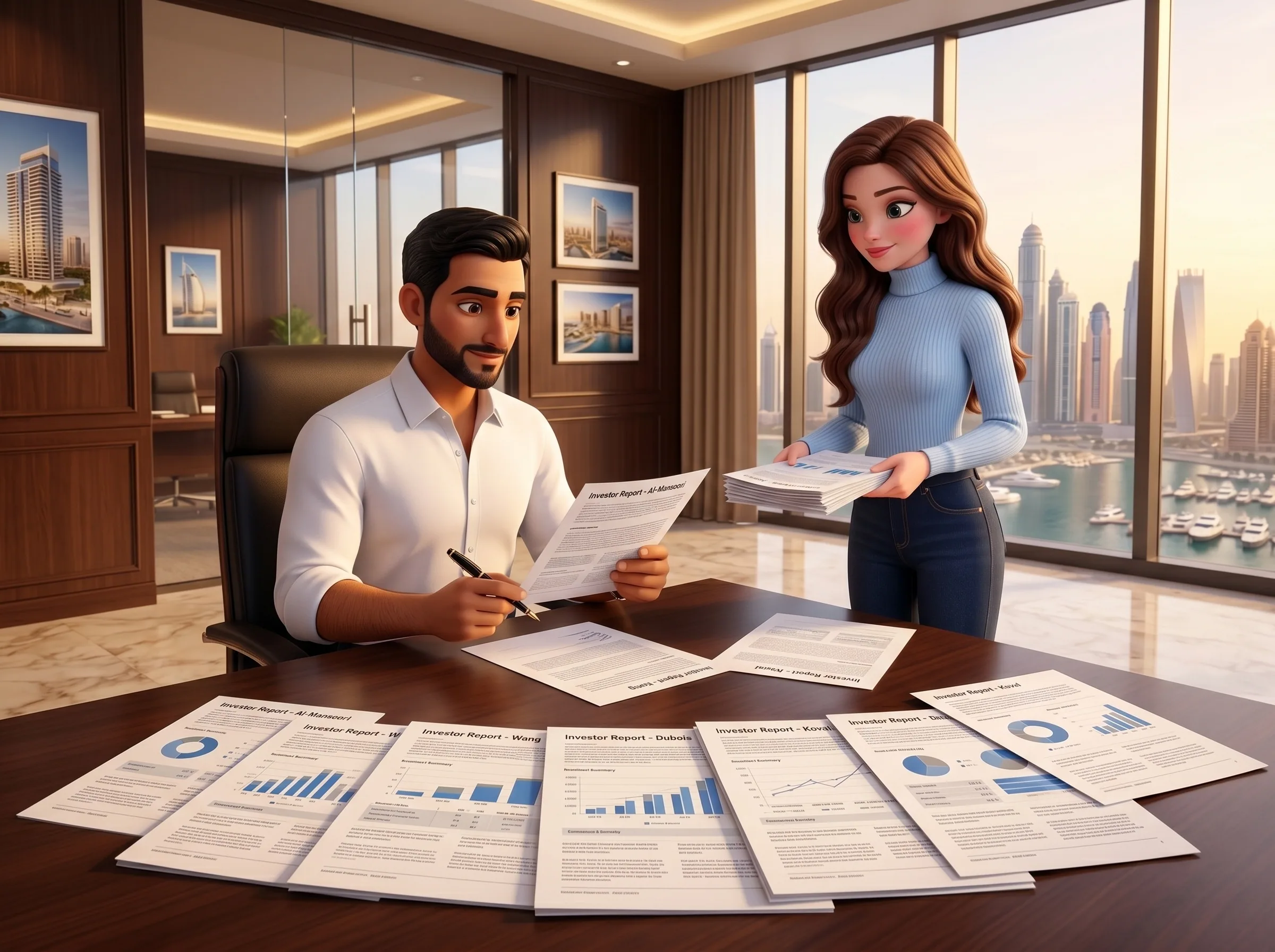 Eleven investor one-pagers, ready for his signature.