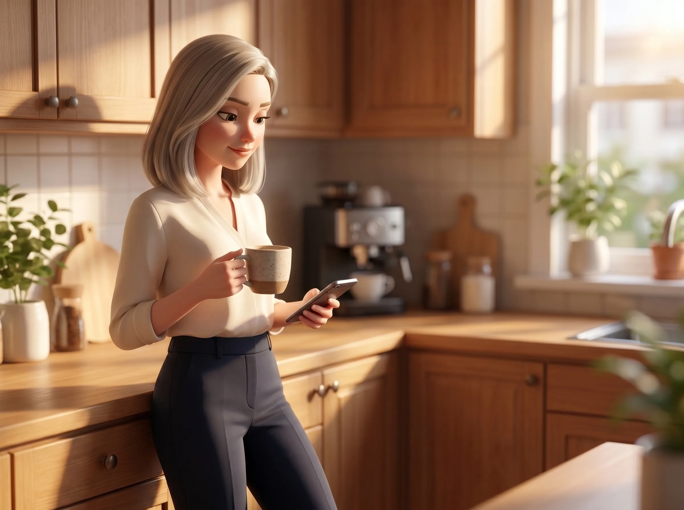 Telegram brief before her coffee is poured.