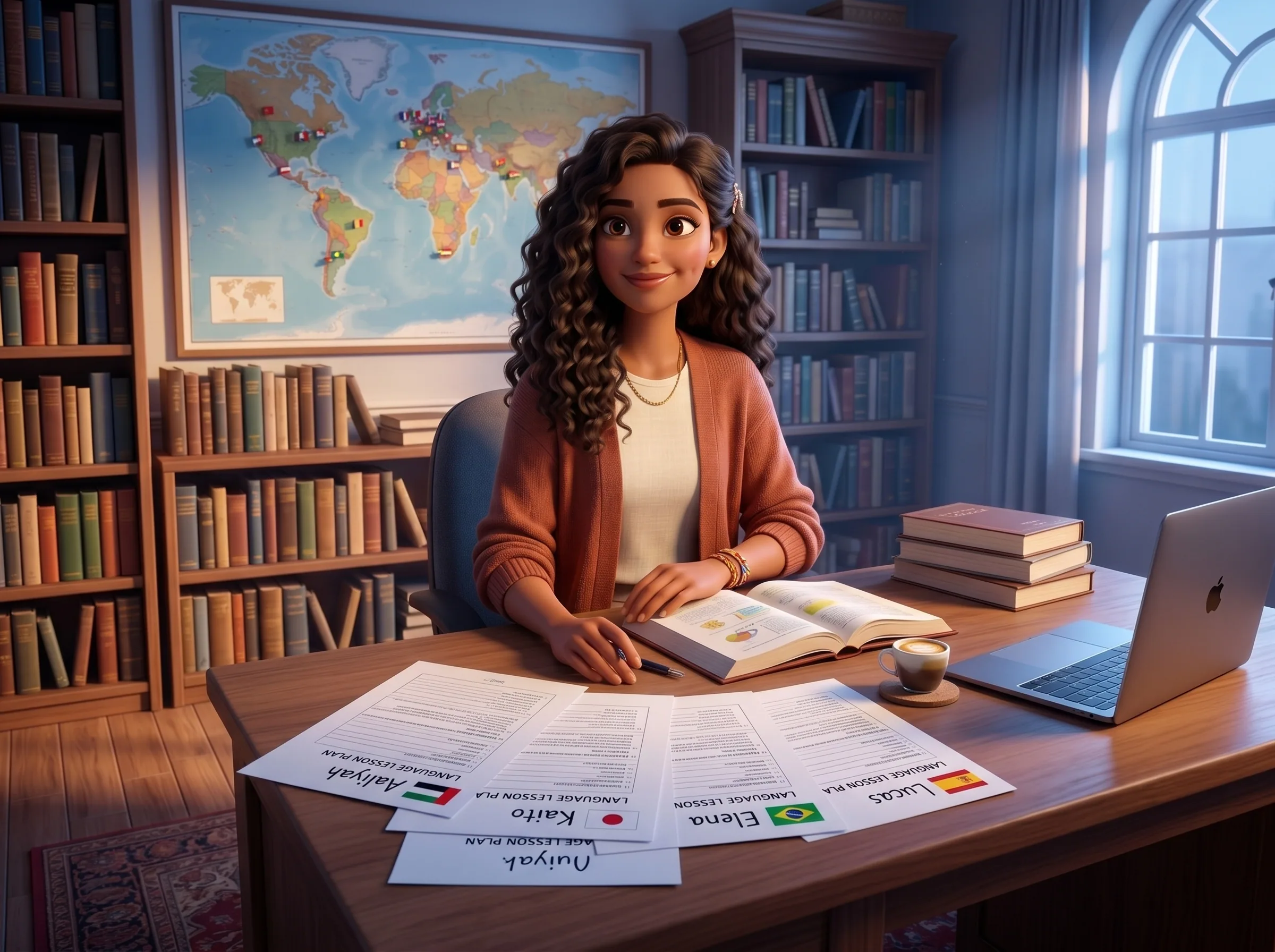 Day's lesson plans on the desk before the espresso lands.