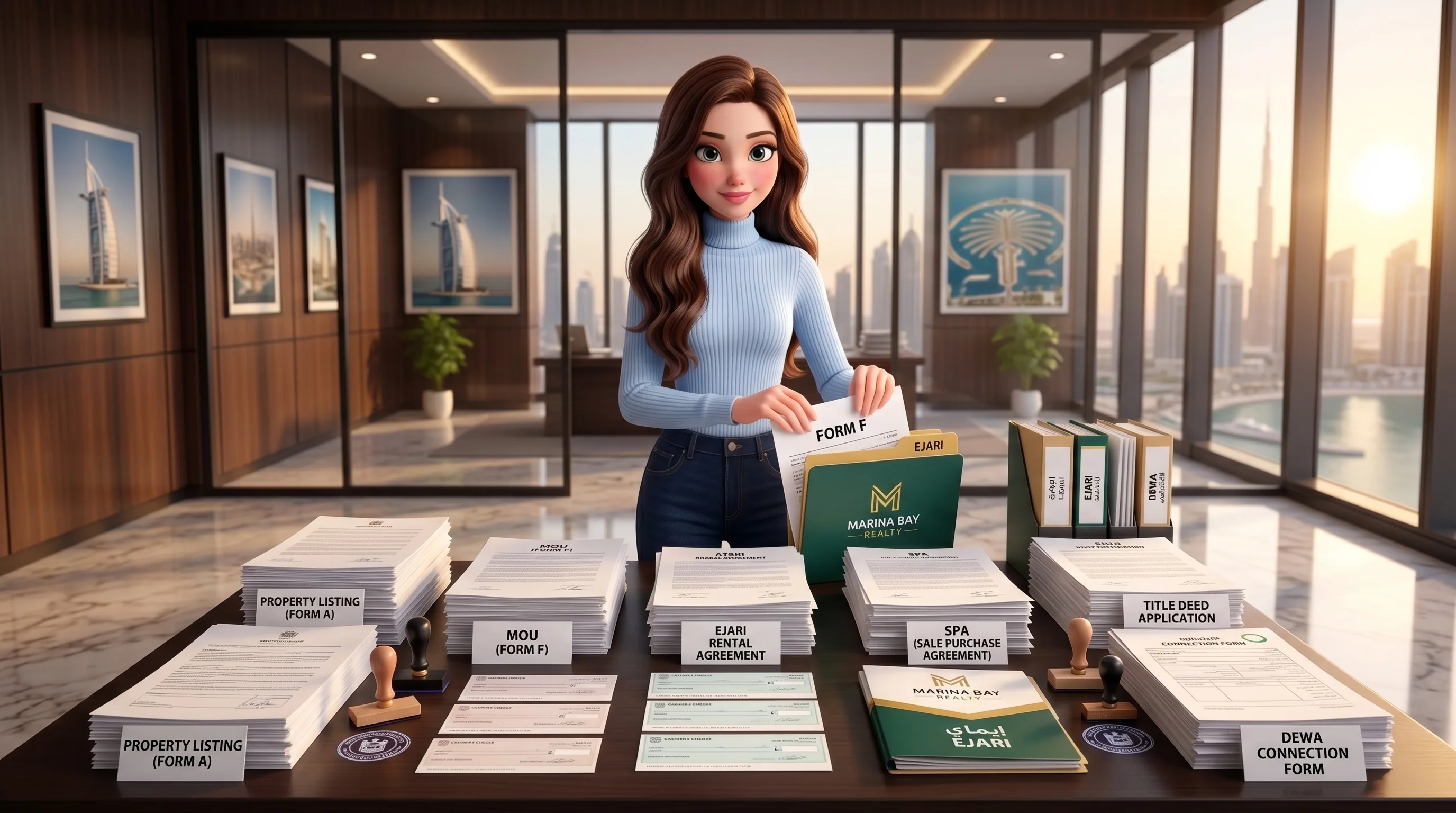 Mari at a Dubai realty paperwork desk with neatly arranged Form A, MOU, SPA, NOC and Ejari stacks