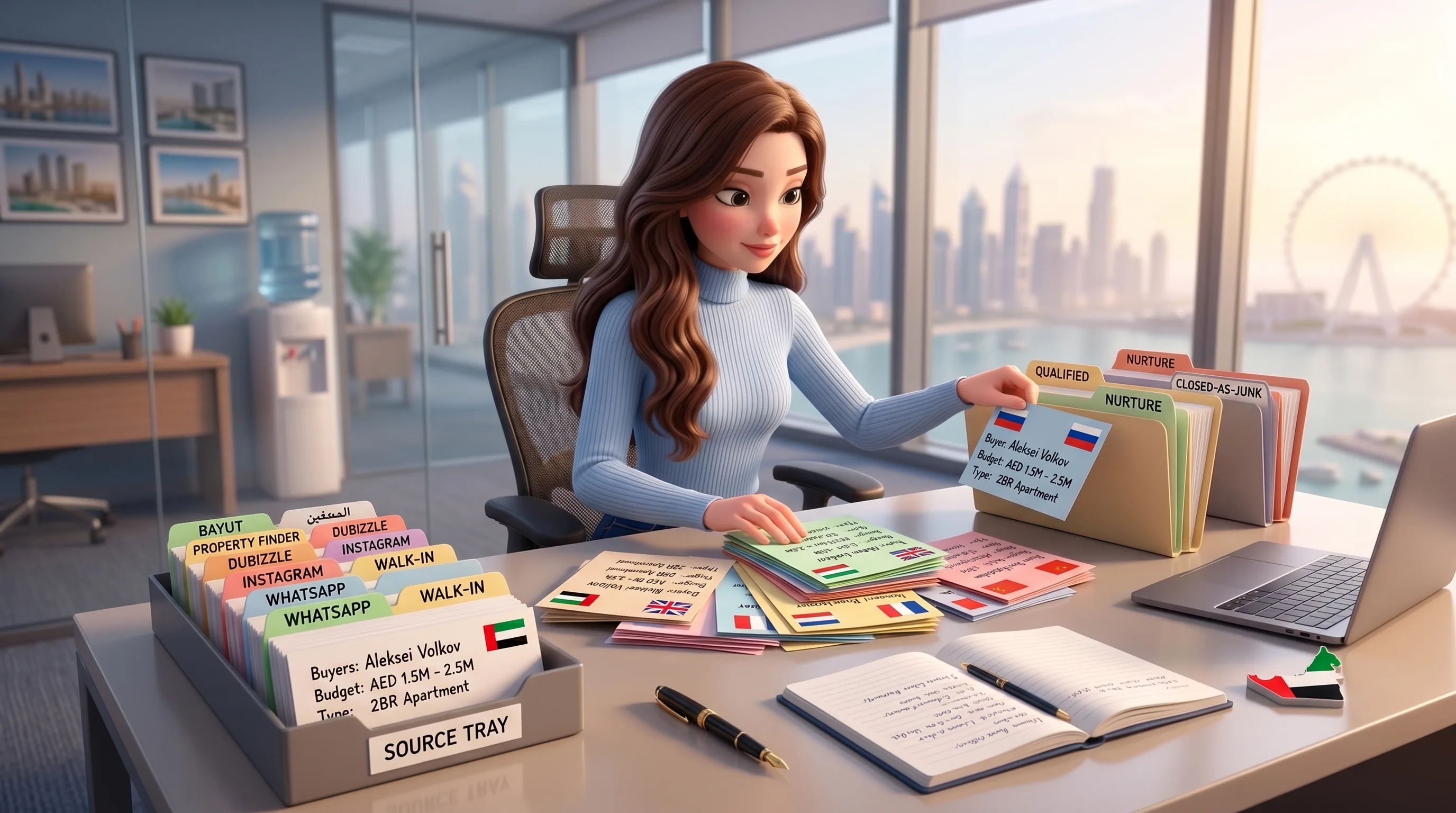 Mari at the operations desk sorting paper lead cards by language and channel