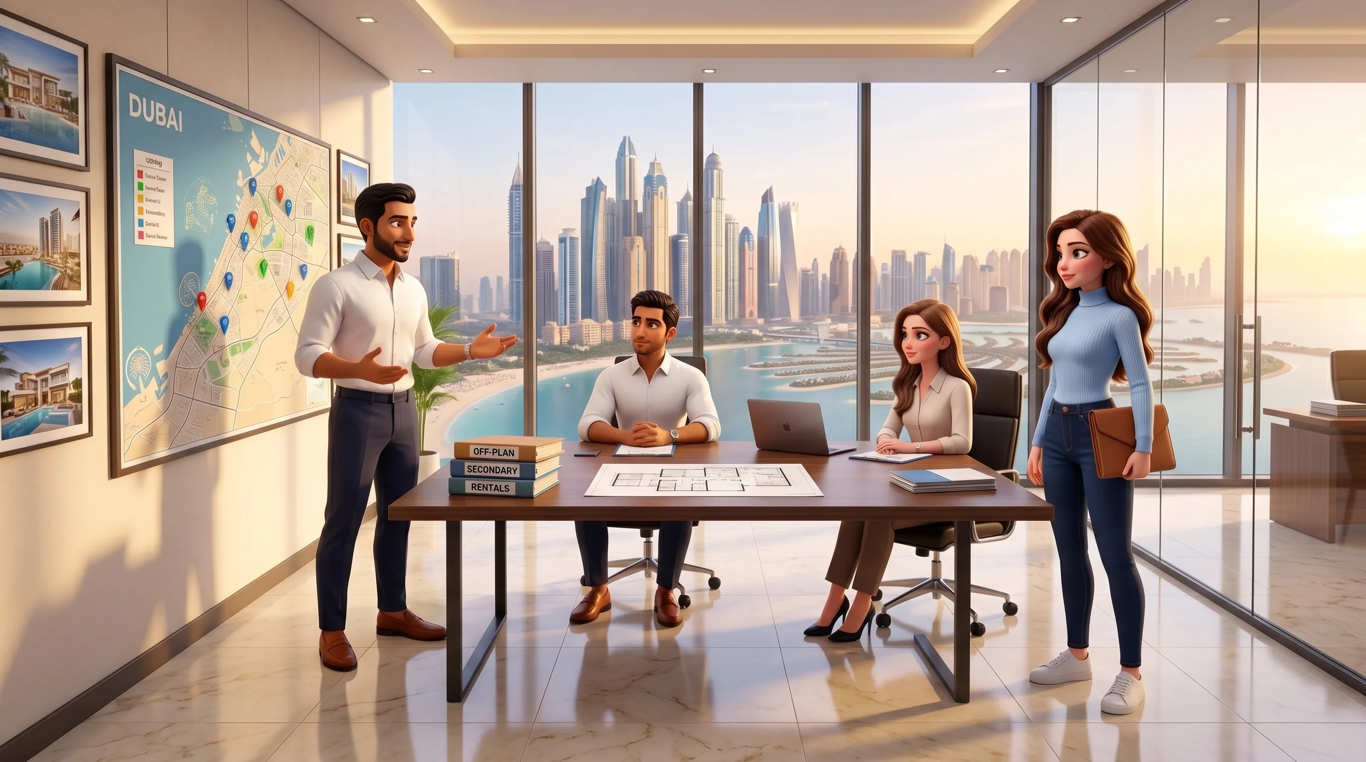 The Marina Bay Realty principal with his two brokers and Mari at the operations desk overlooking Dubai Marina