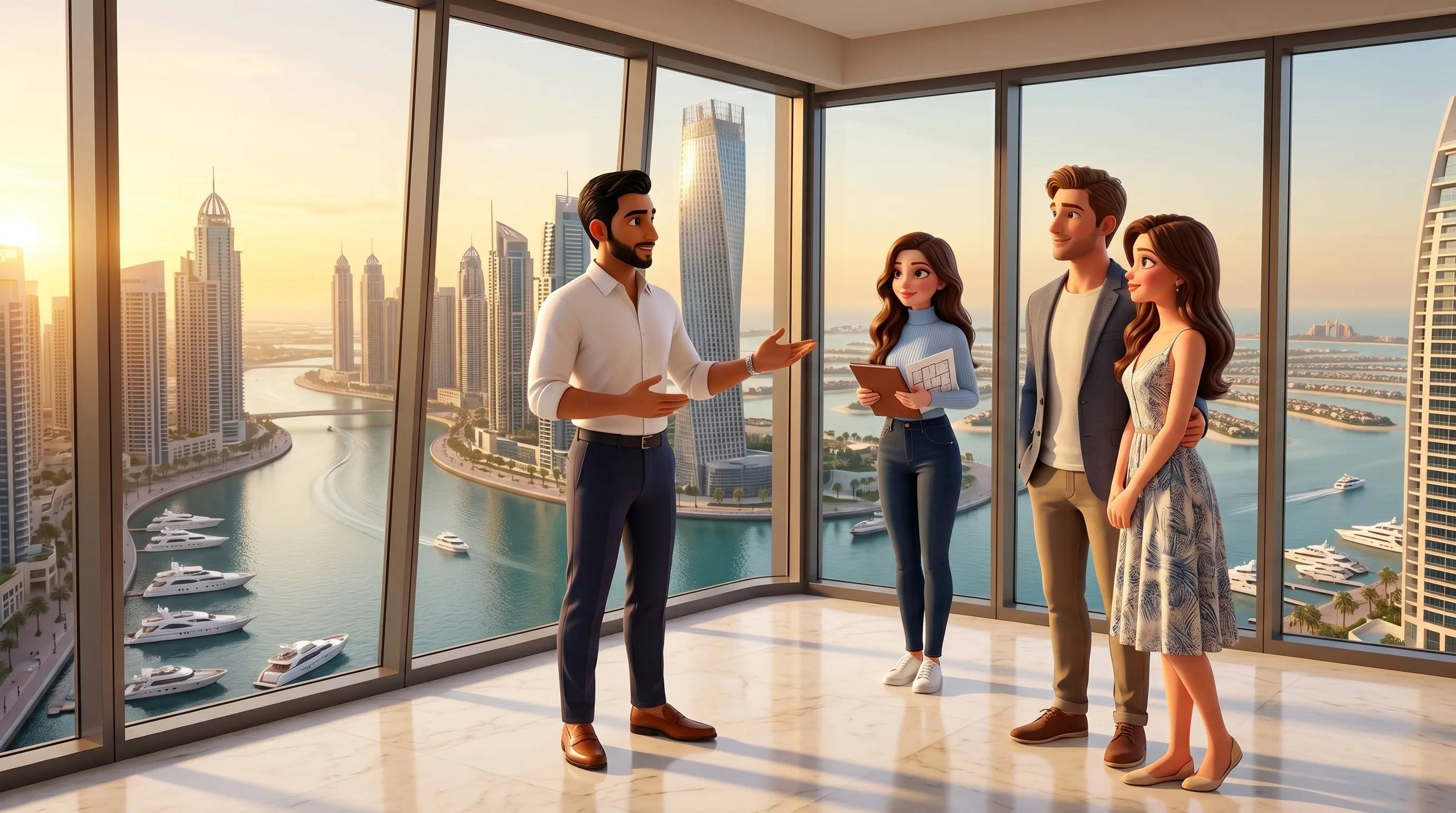 A luxury Dubai Marina apartment viewing, the broker showing a couple the view while Mari holds the brochure