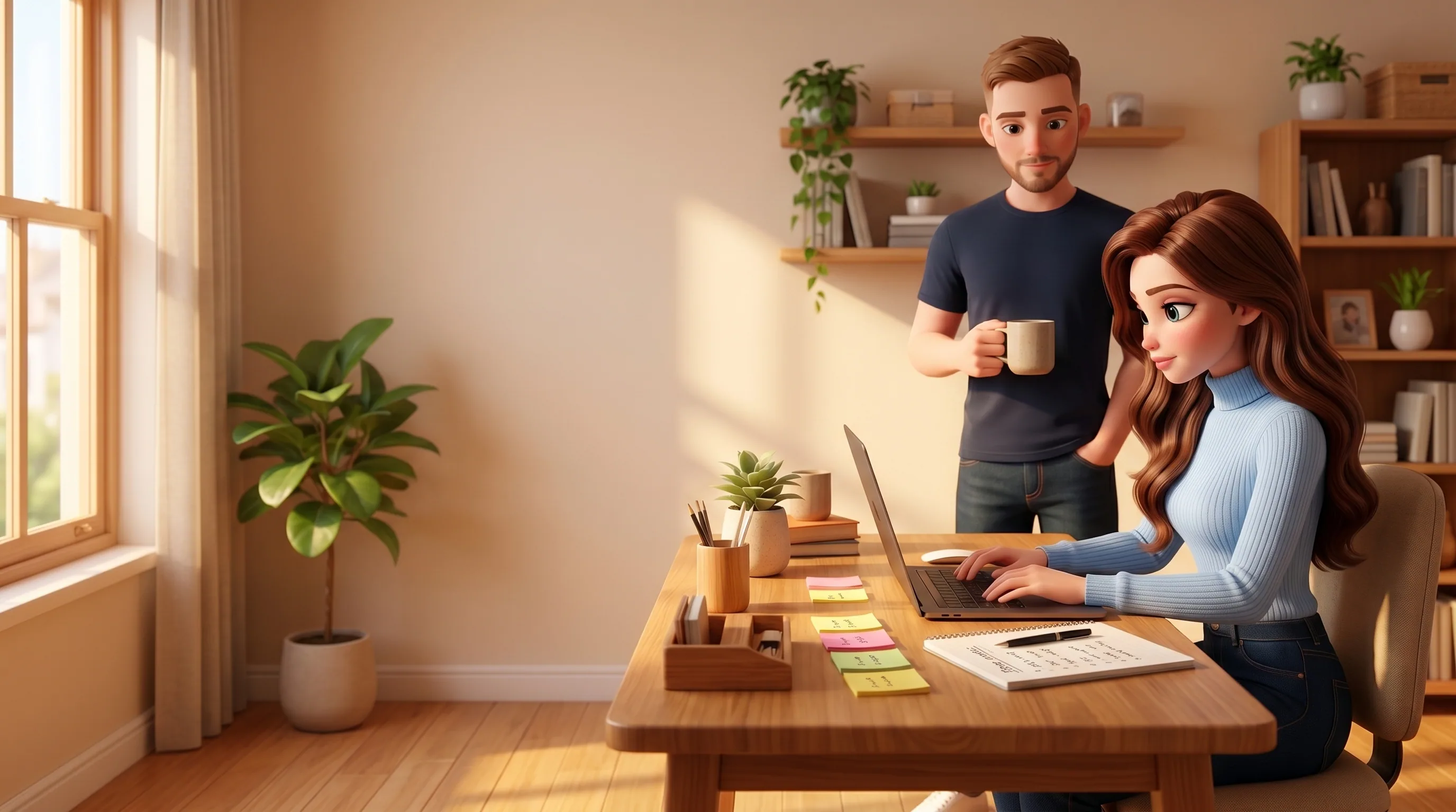 Mari at a desk running a task while Vadim steps back