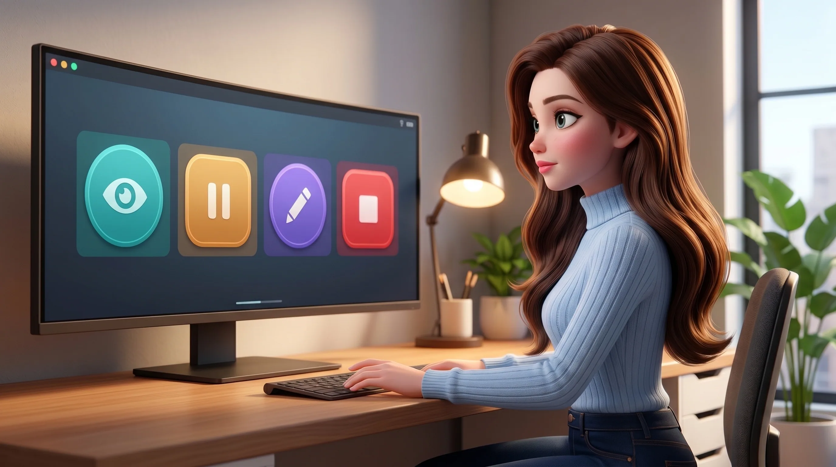Mari at her desk with a clean paper control panel showing watch, pause, edit brief and stop buttons