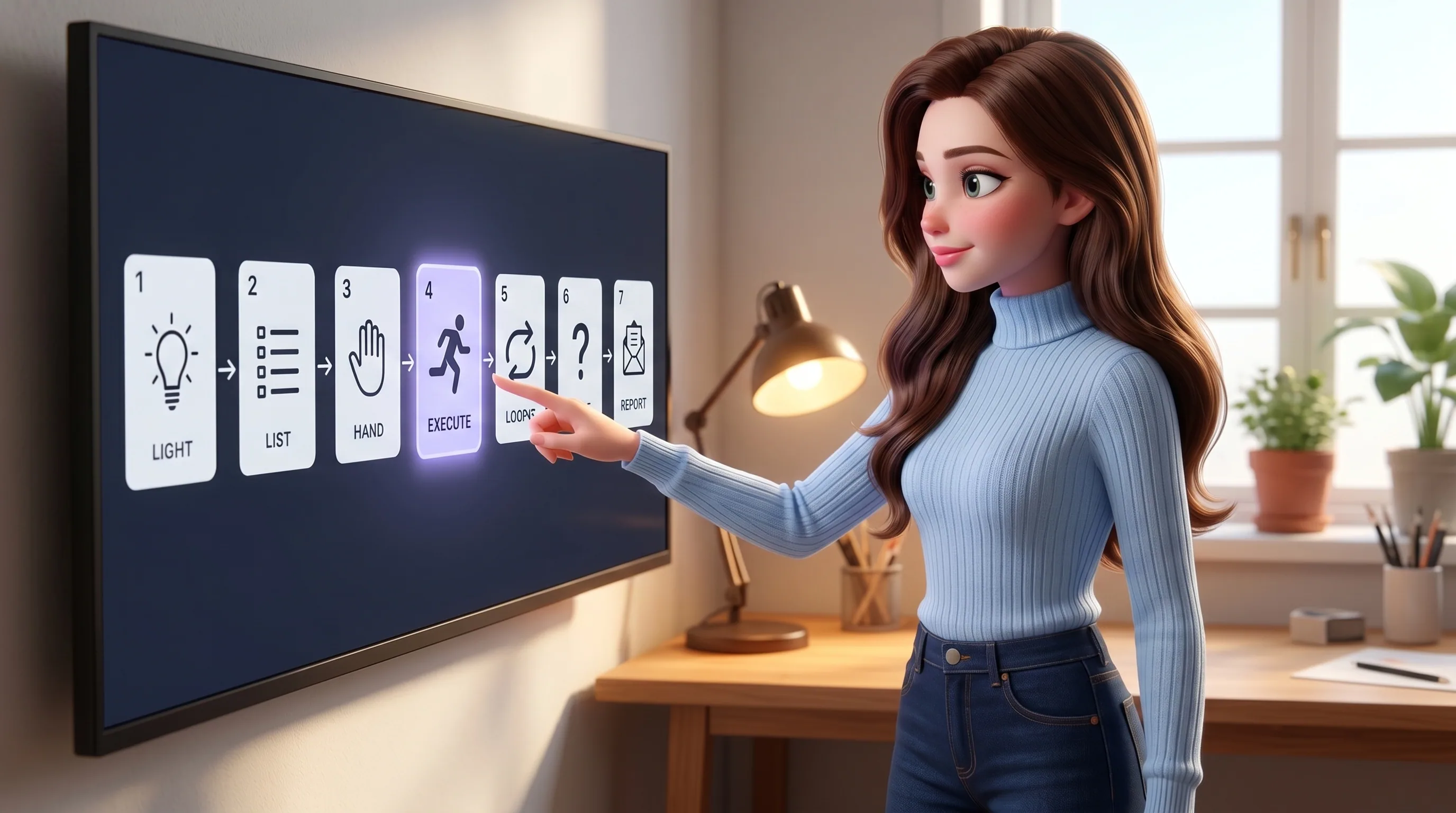 Mari in front of a task flow board showing seven numbered steps from Brief through Report