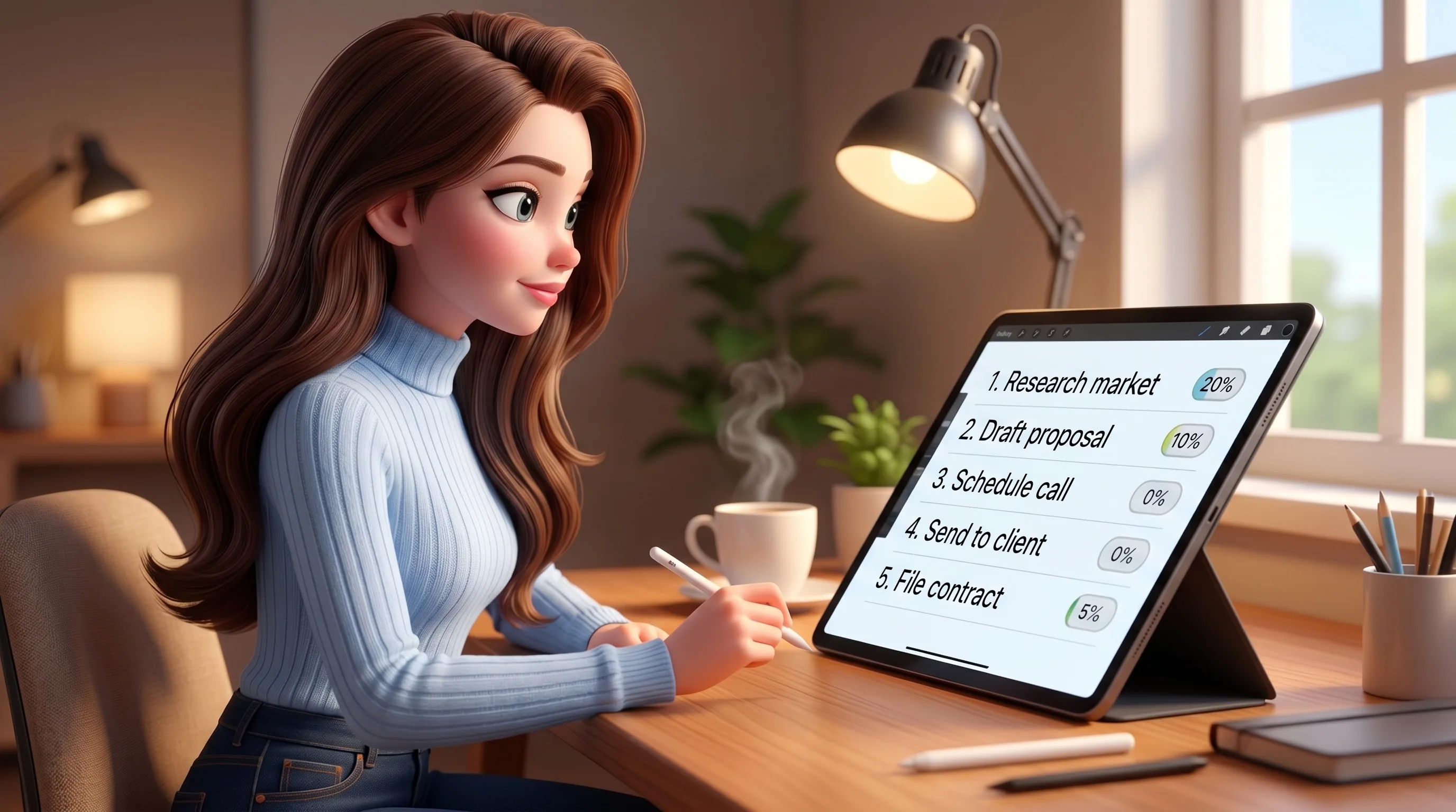Mari at her desk writing a numbered step-by-step plan with confidence percentages in the margin